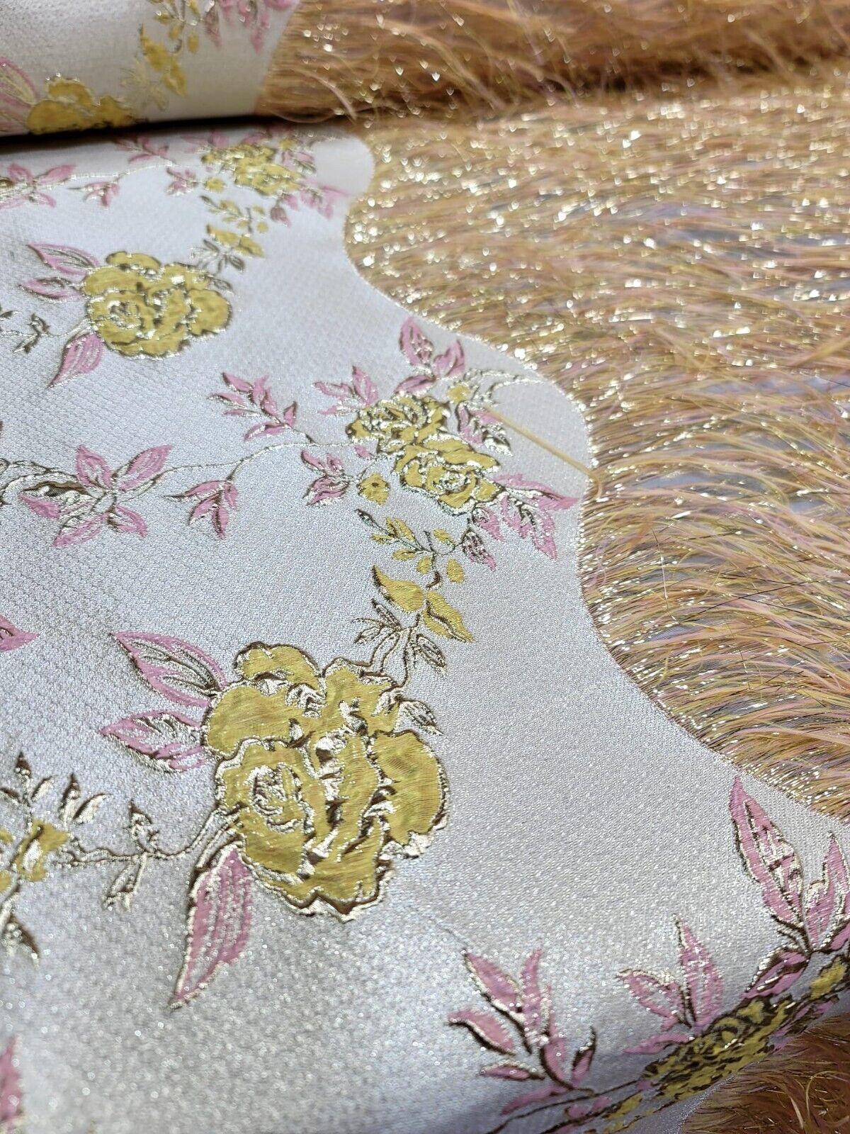 Yellow Pink Gold Metallic Brocade Eyelash Prom Fabric by the Yard