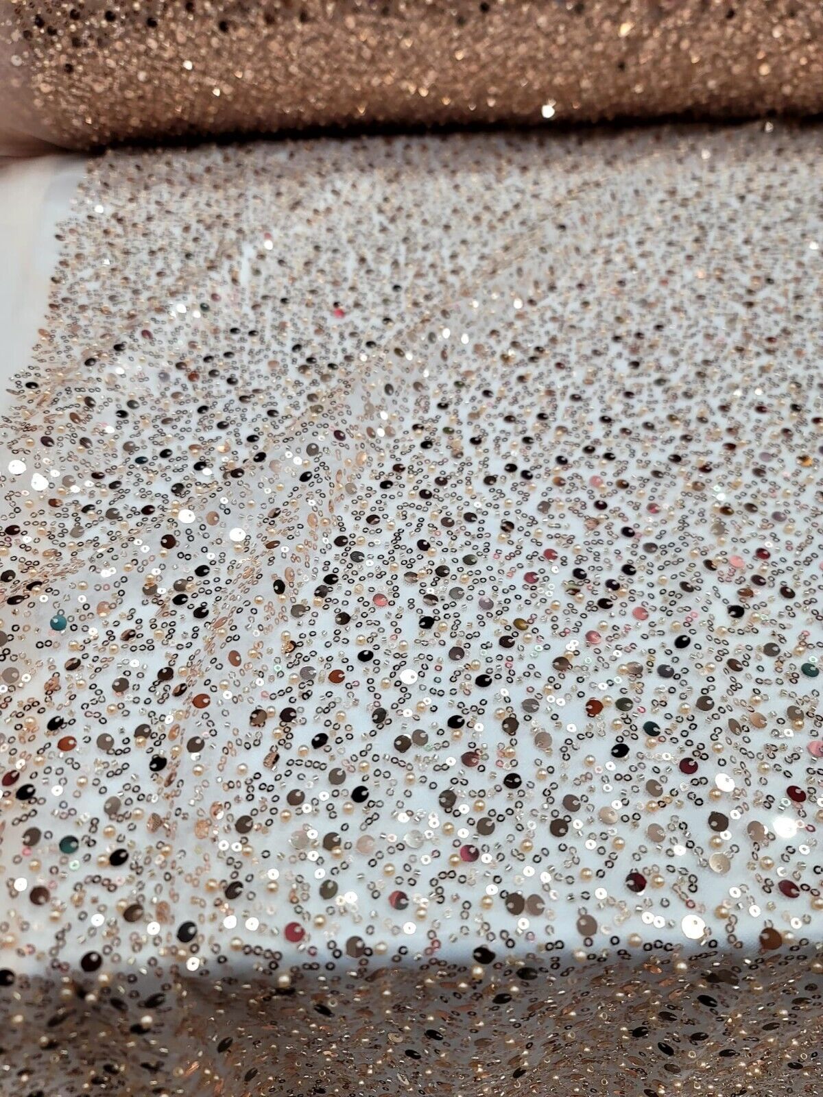 Rose Gold Sequins Beaded Embroidered Stretch Lace Fabric By The Yard - Perfect for Prom Dresses