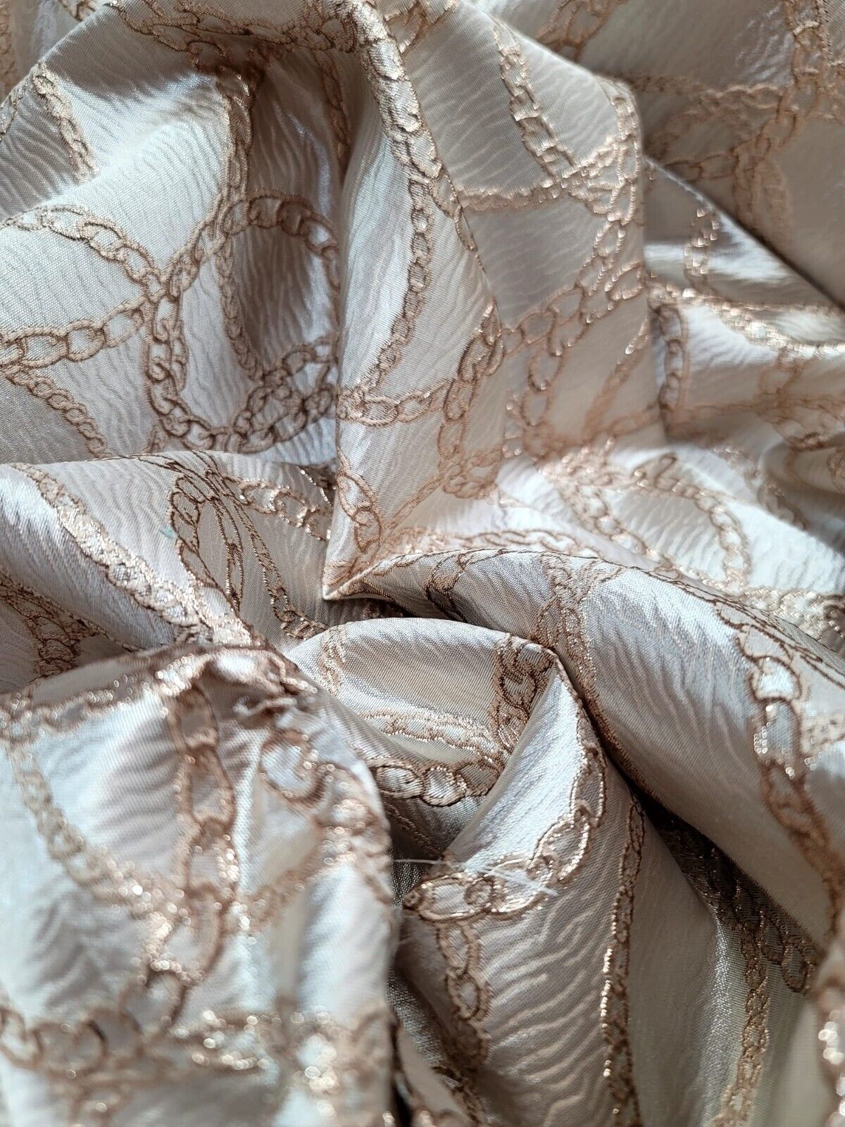 Beige and Hunter Green and Gold Brocade Fabric with Gold Metallic Chain Geometric Pattern - Sold by Yard - Perfect for Fashion, Home Decor, and Elegant Creations