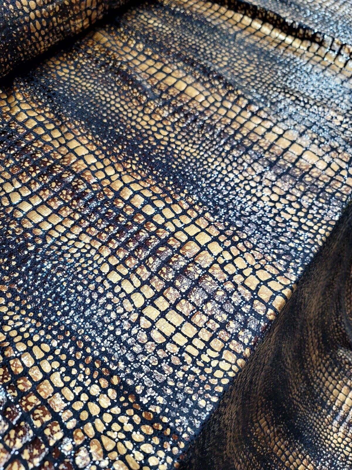 Brown Golden Desert Python Snake Print Stretch Black Sequins Fabric - Sold by the Yard
