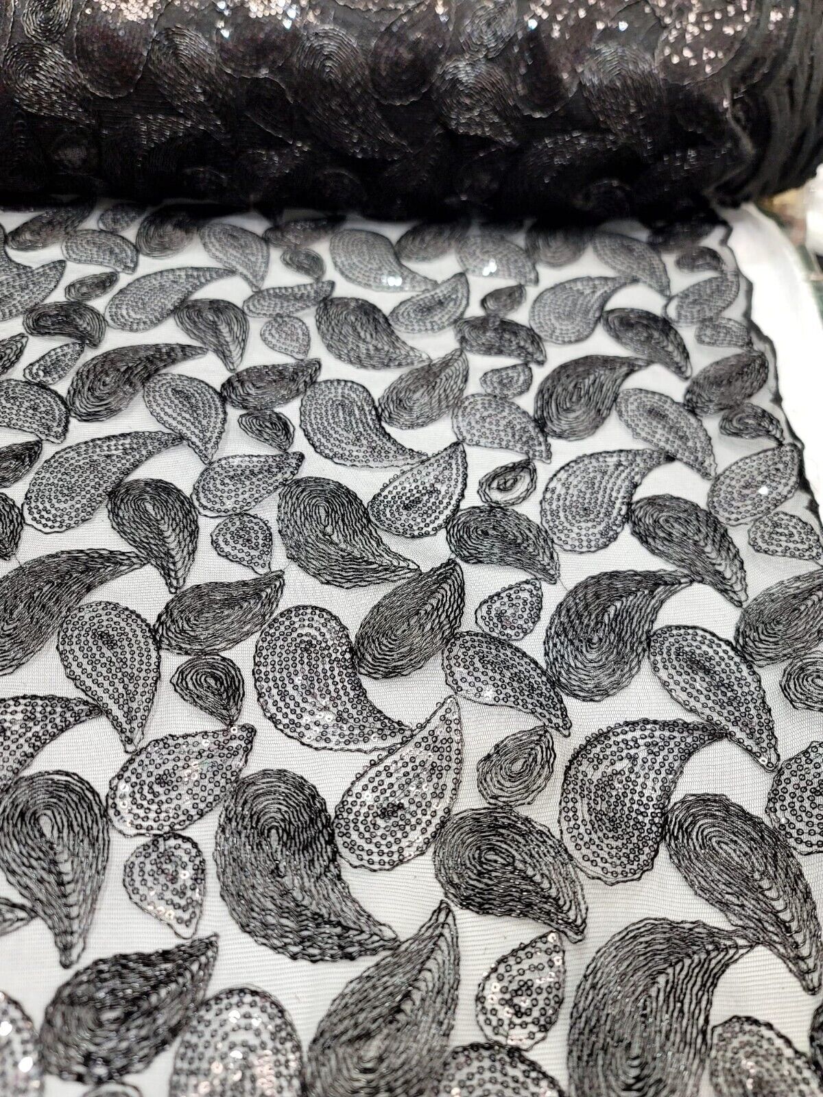 Embroidered Lace Apparel Fabric By The Yard - Sheer Paisley Black Sequins