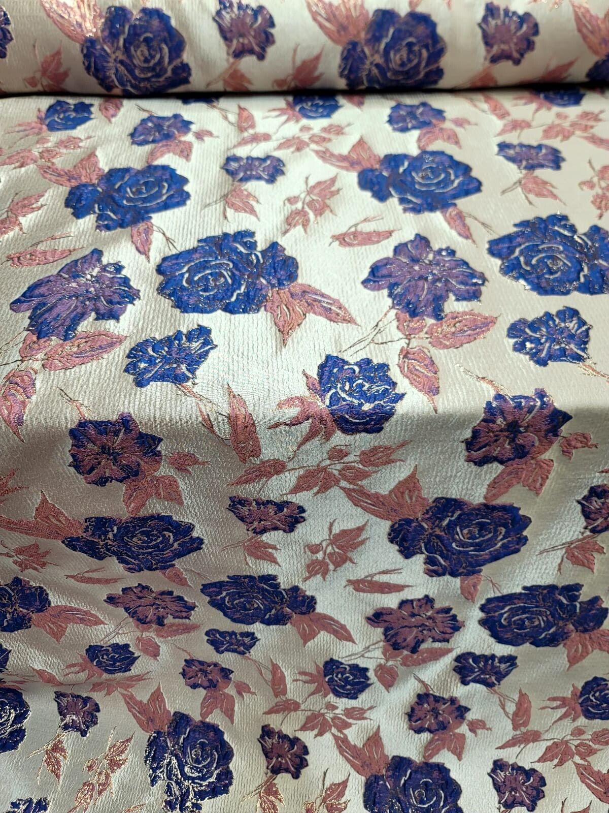 Royal Blue Floral Pink Brocade Fabric Sold By The Yard Rose Gold Metallic