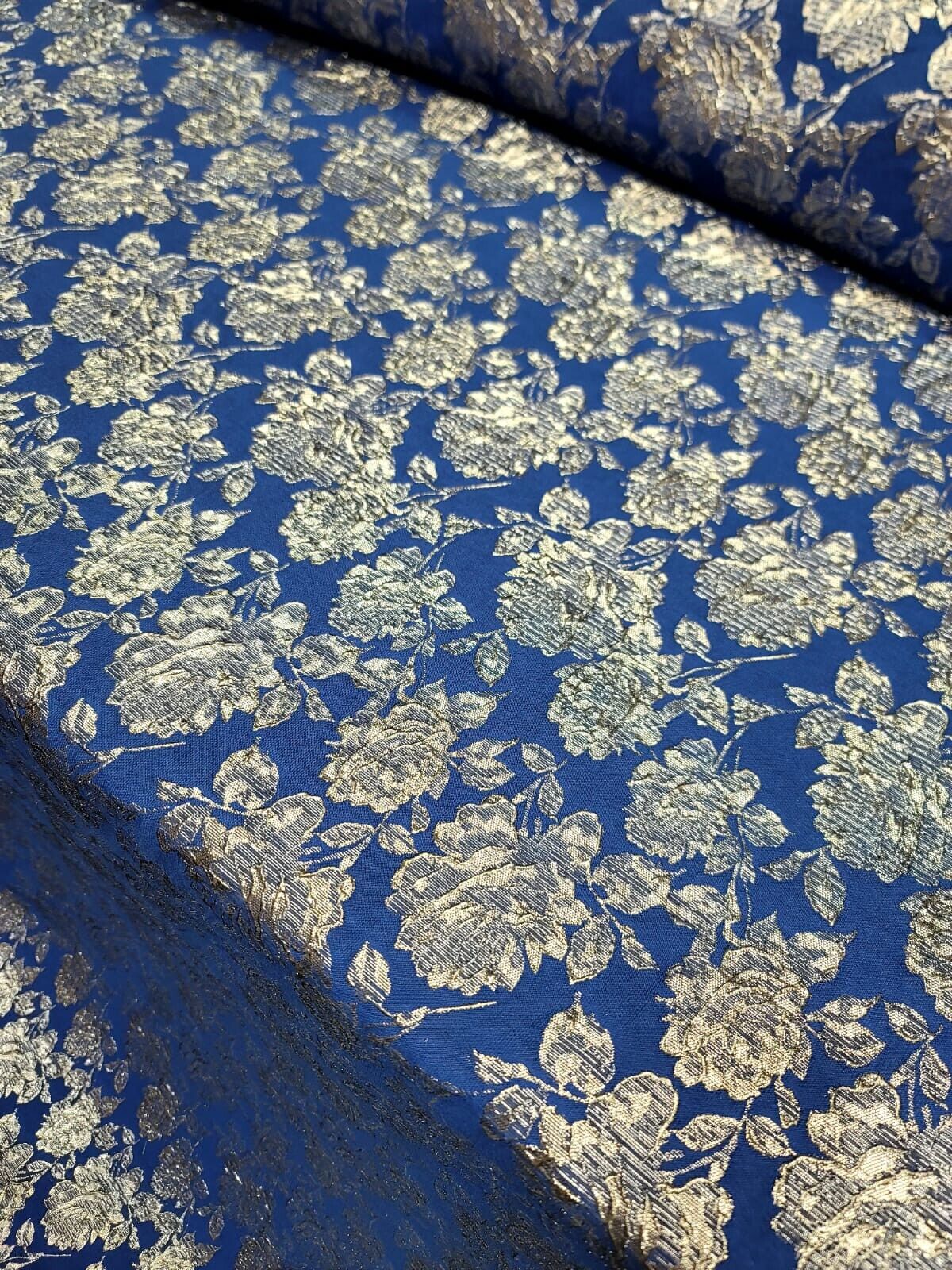 ROYAL BLUE Brocade Fabric (60 in.) Sold By The Yard METALLIC SILVER FLORAL EMBOS