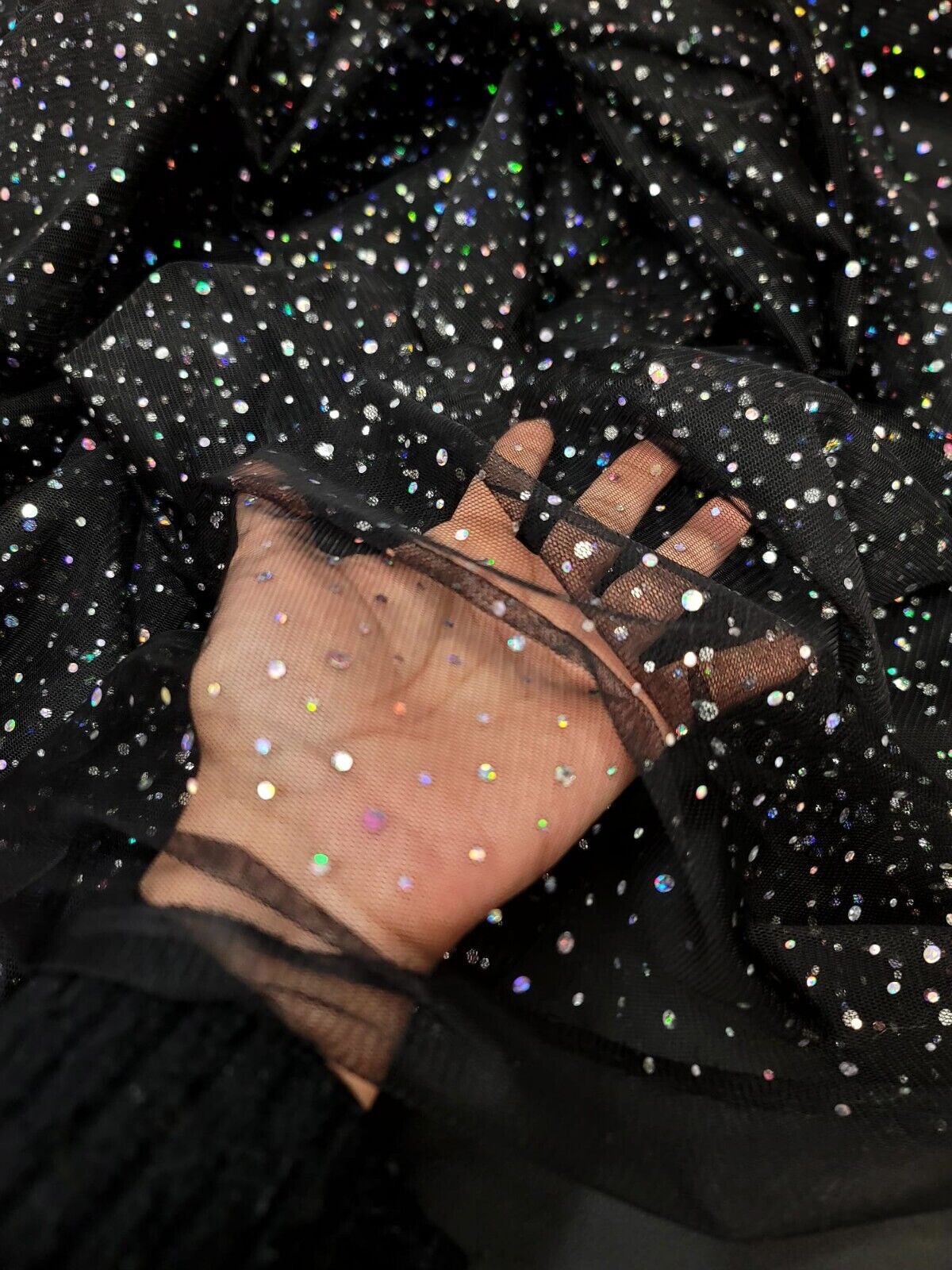 Black Stretch Mesh Iridescent Sequins Fabric Sold By The Yard Quinceañera Prom
