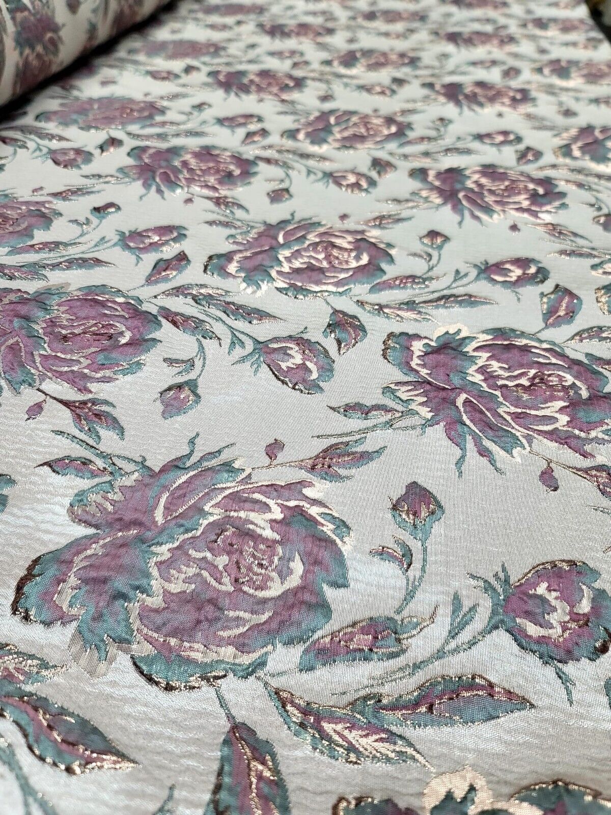 Brocade Mauve Sage Floral Fabric by The Yard Prom Bridal Quinceañera Beige Background.