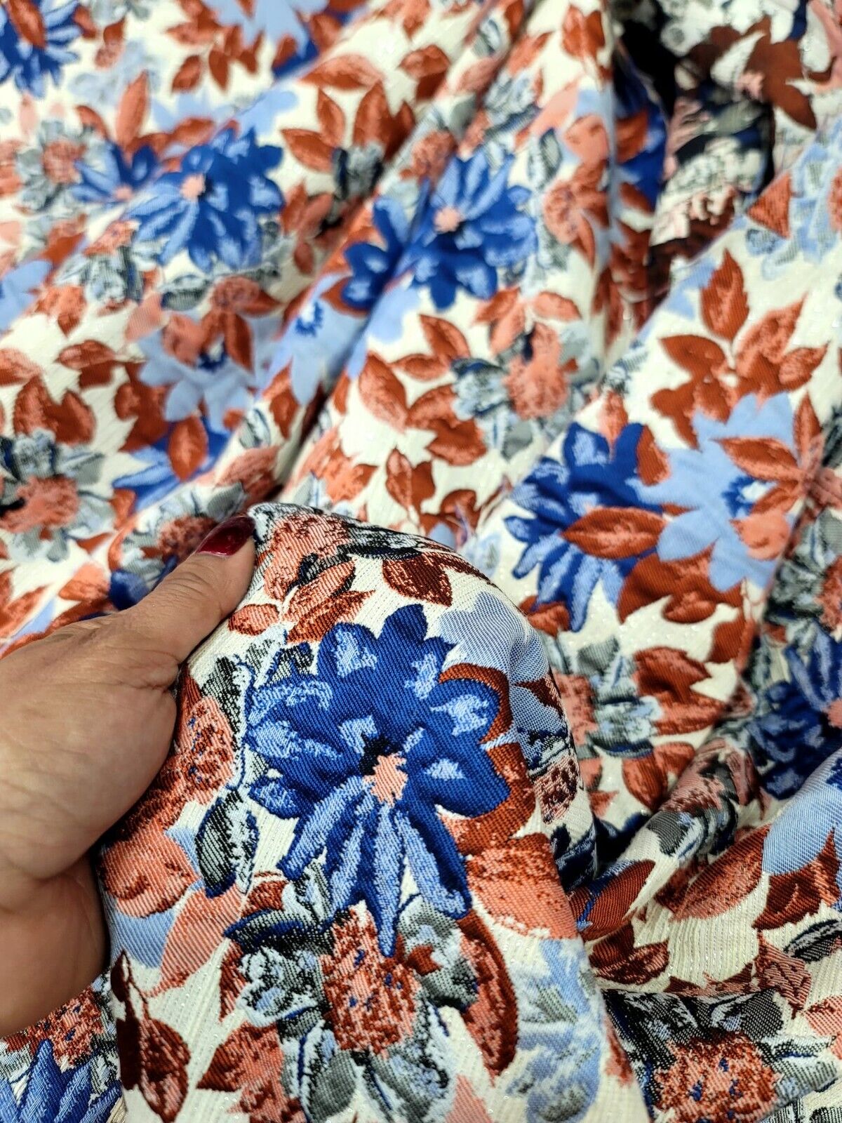 Blue Maroon Coral Floral Chenille Upholstery Brocade Fabric (54 inches) - Sold by the Yard