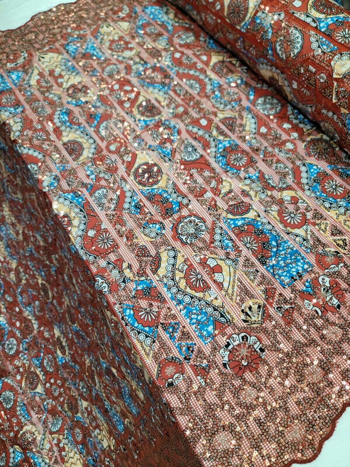 Copper Embroidery Lace with Sequins on Fishnet Fabric - Sold by the Yard - African Lace Cotton