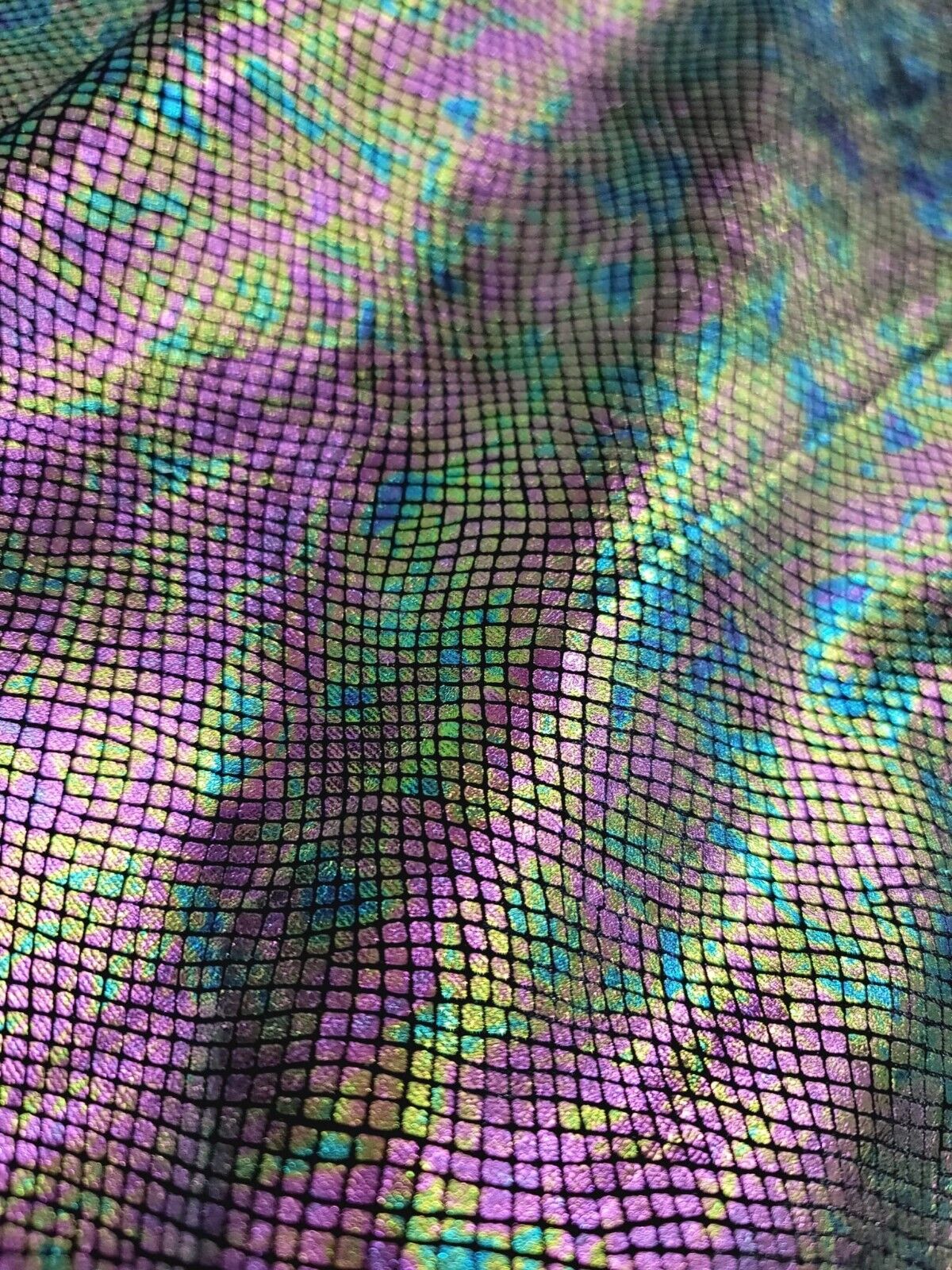 Exotic Design Iridescent Black Green Purple Print On Stretch Velvet Foil Fabric - Sold By the Yard