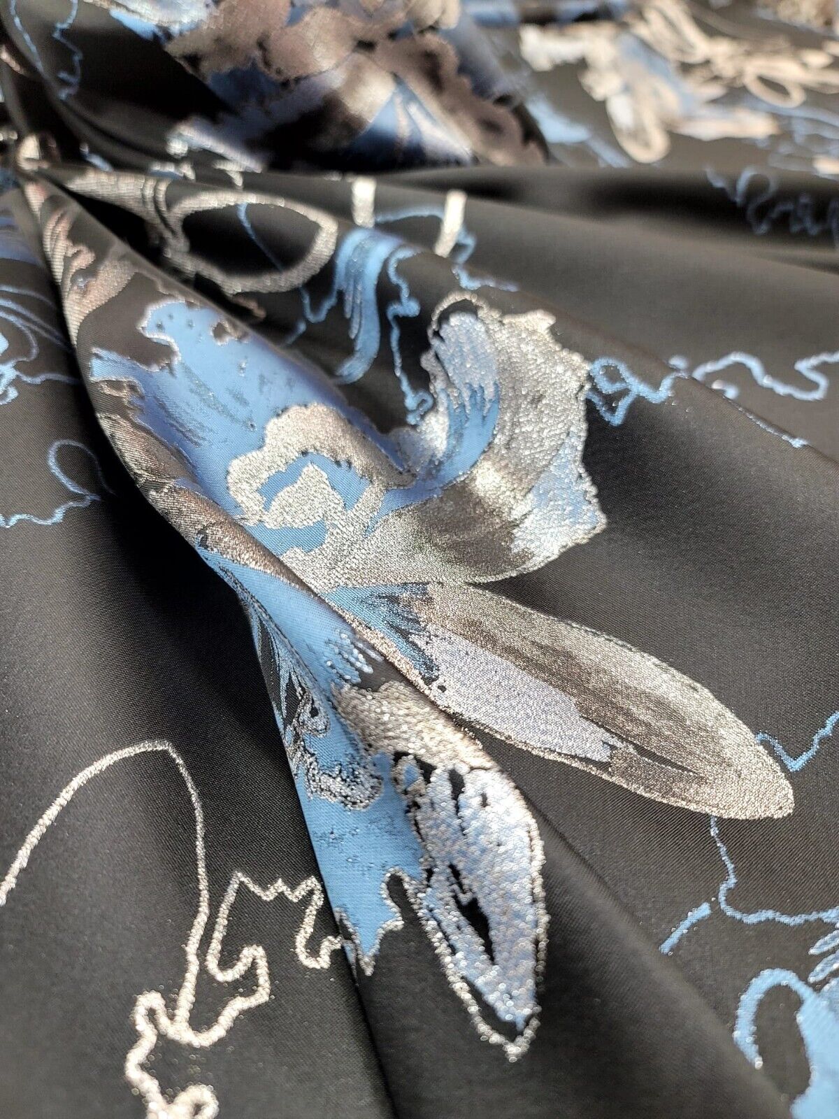 Metallic Silver, Blue Floral On Black Brocade Fabric - 60" Width