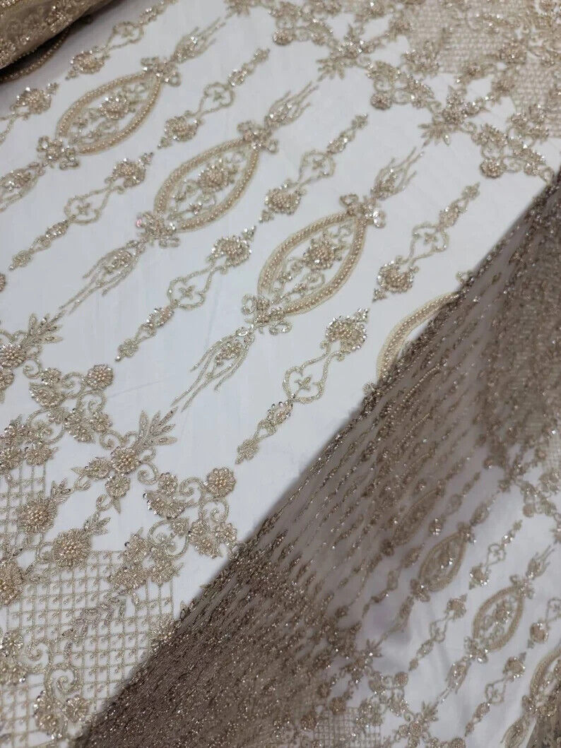 Champagne Beaded Lace Embroidery Floral Fabric - Sold by the Yard - Perfect for Prom Gowns and Quinceañera Attire