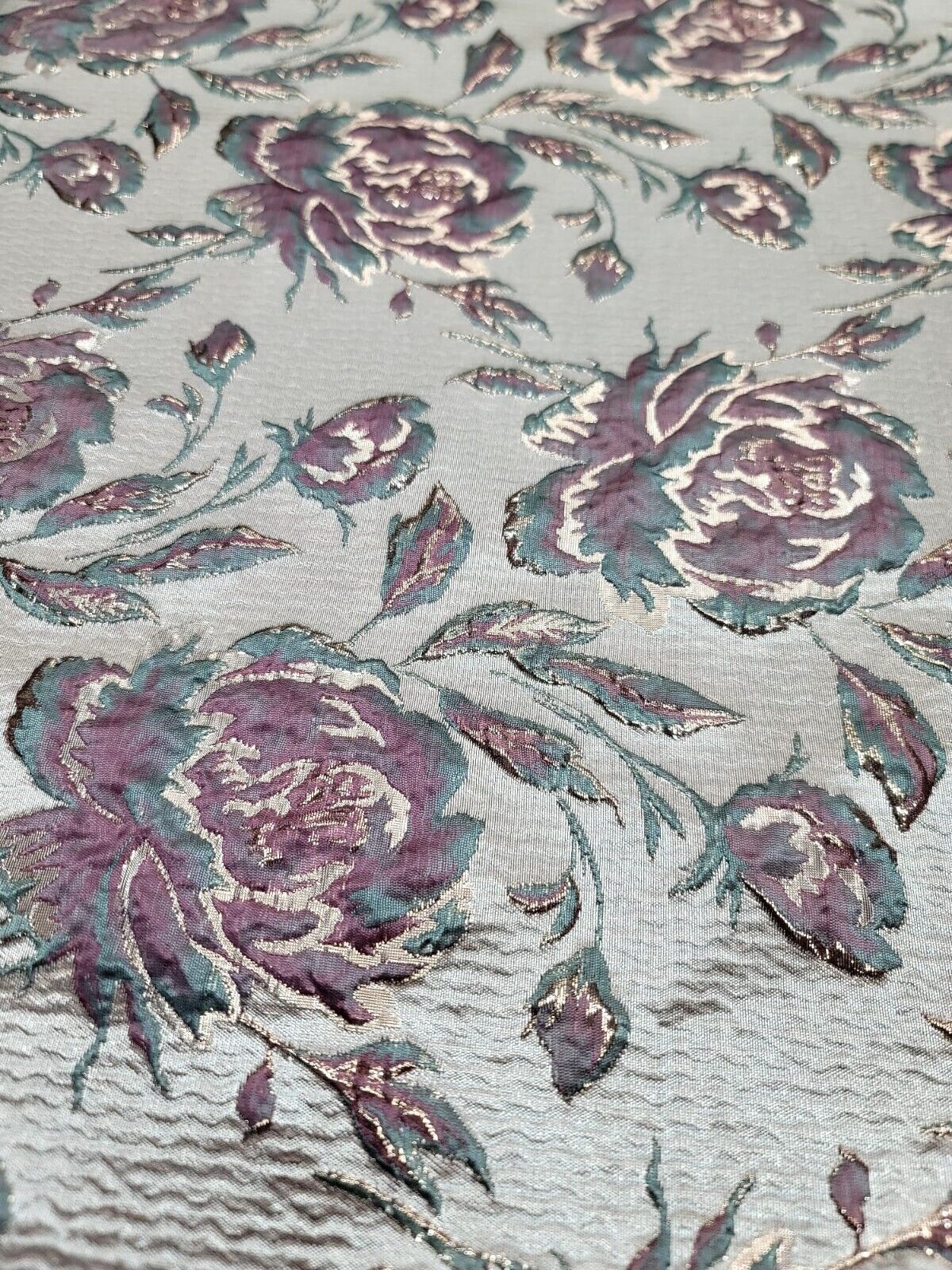 Brocade Mauve Sage Floral Fabric by The Yard Prom Bridal Quinceañera Beige Background.