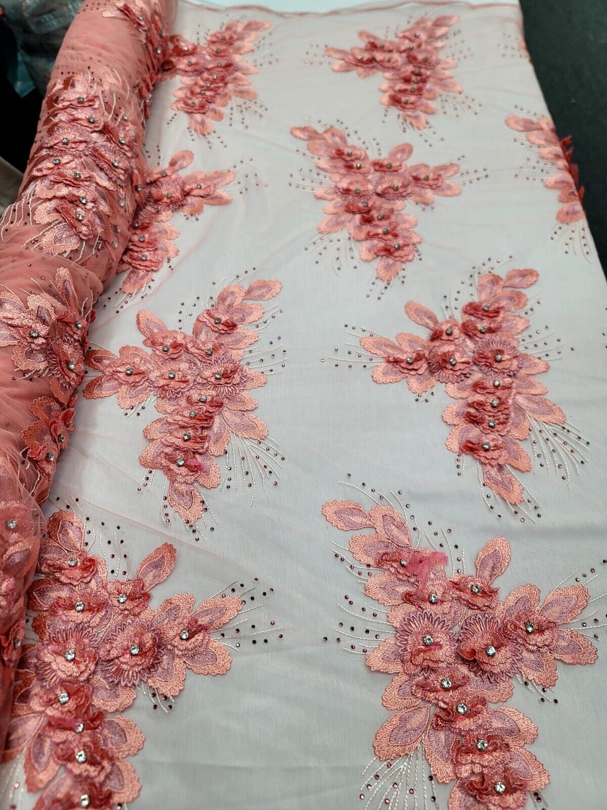 Elegant Coral Hand Beaded Lace Wedding/Bridal 3d Floral Fabric Sold By The Yard