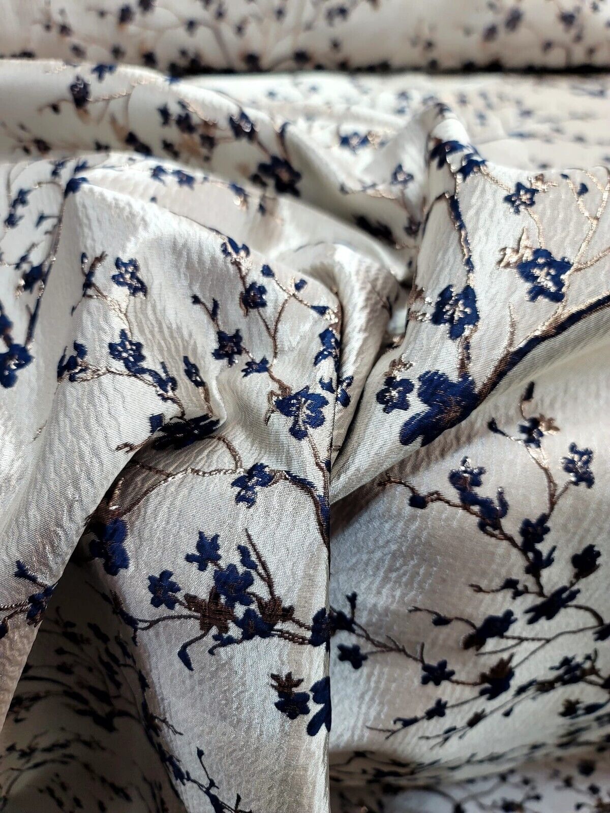 NAVY BLUE Metallic Rose Gold Floral Brocade Fabric - Sold by the Yard