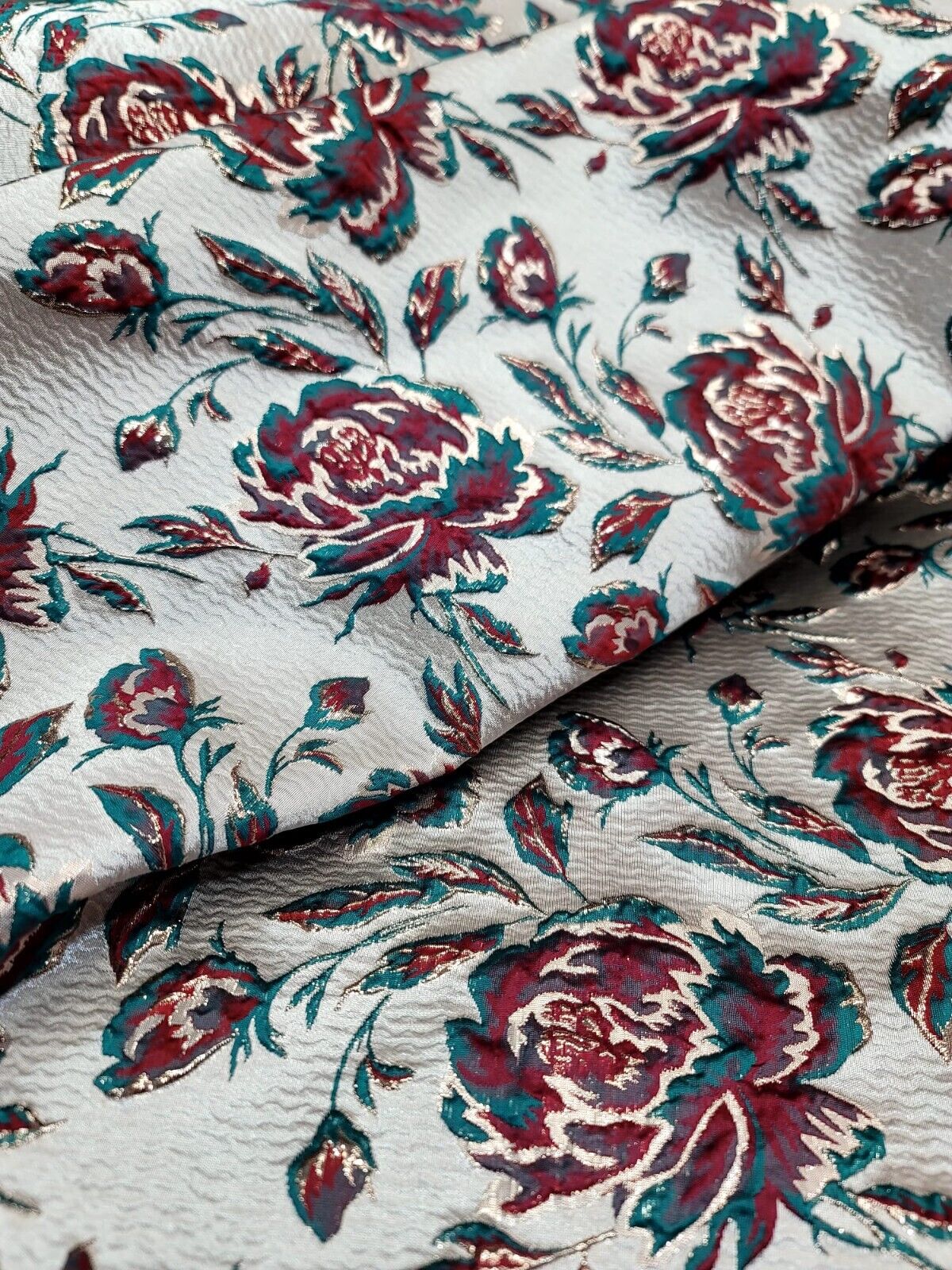 RED BROCADE FLORAL JACQUARD FABRIC WEDDING BY YARD HOME DECOR BEIGE BACKGROUND