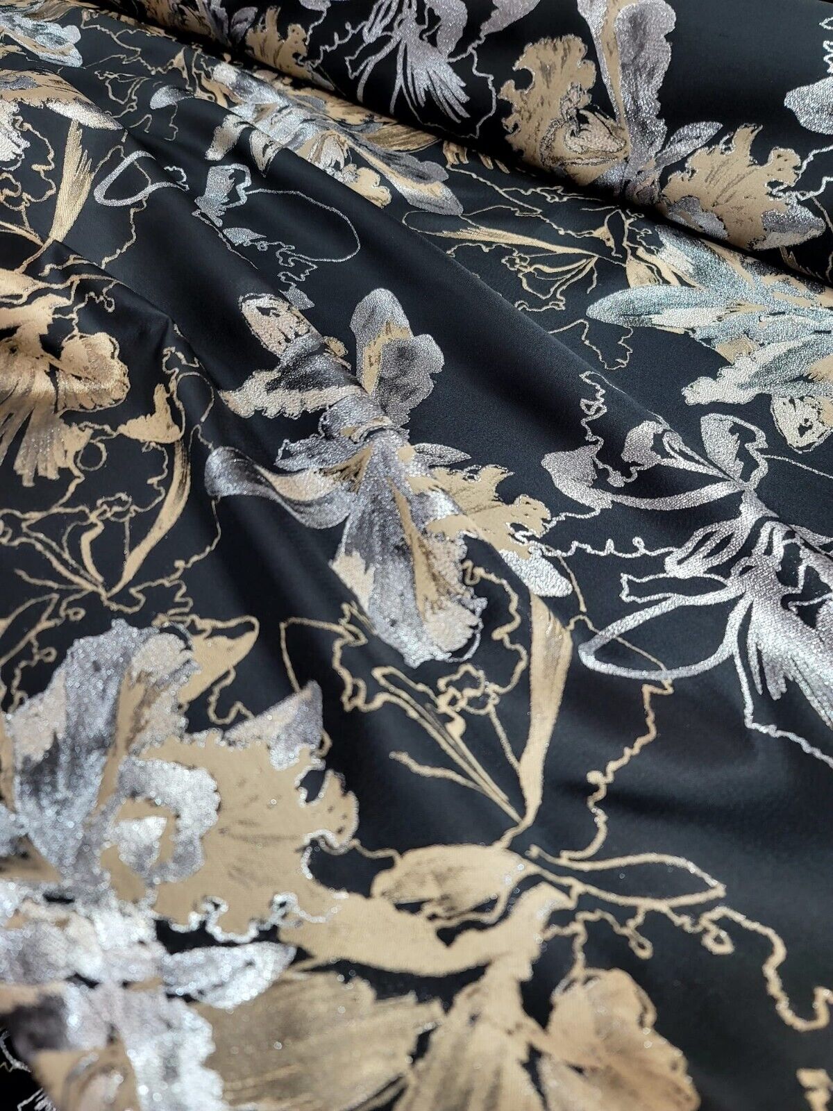 Gold,Silver and Black Damask Jacquard Brocade Floral Fabric - 60" Width
