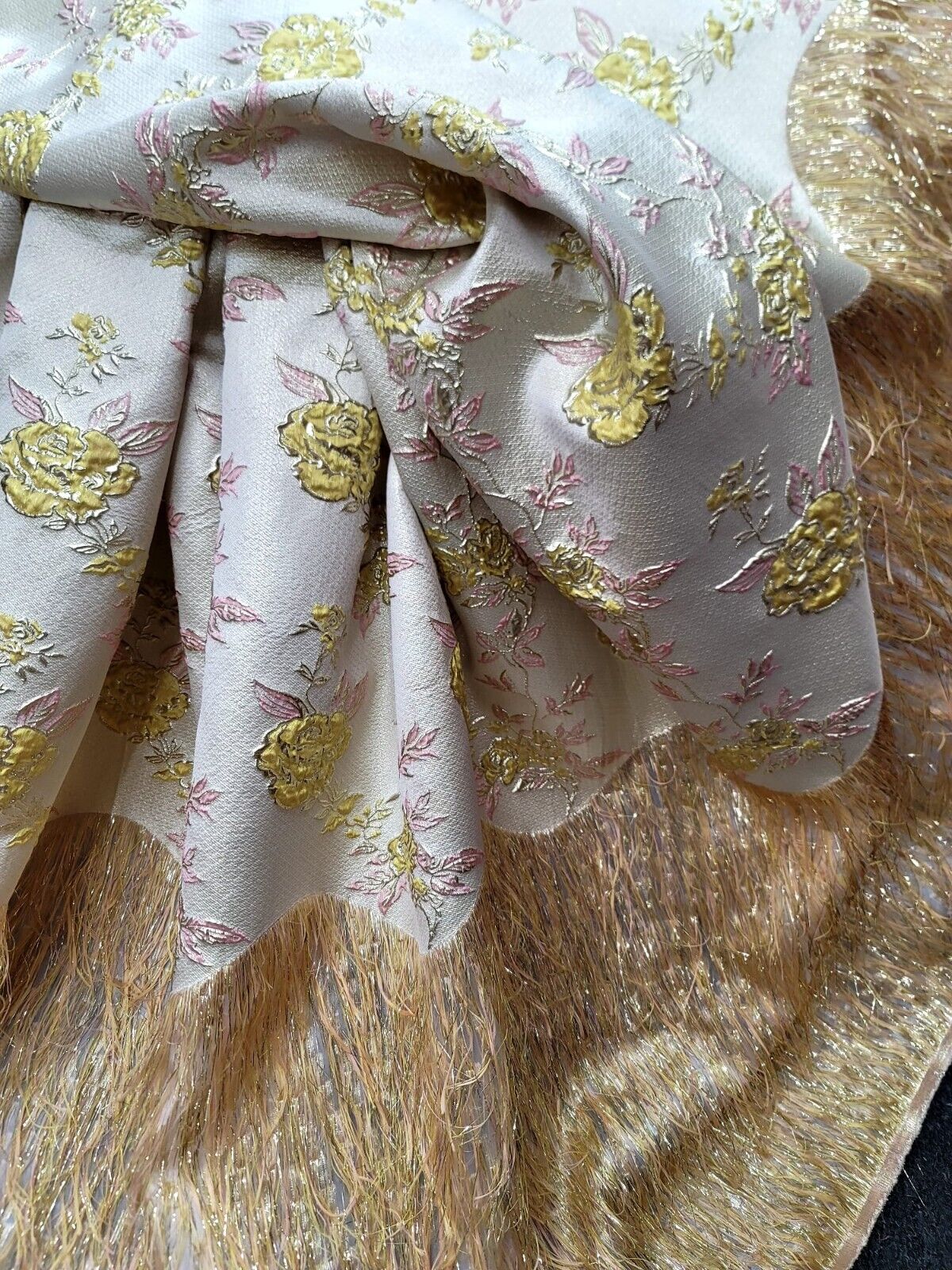 Yellow Pink Gold Metallic Brocade Eyelash Prom Fabric by the Yard