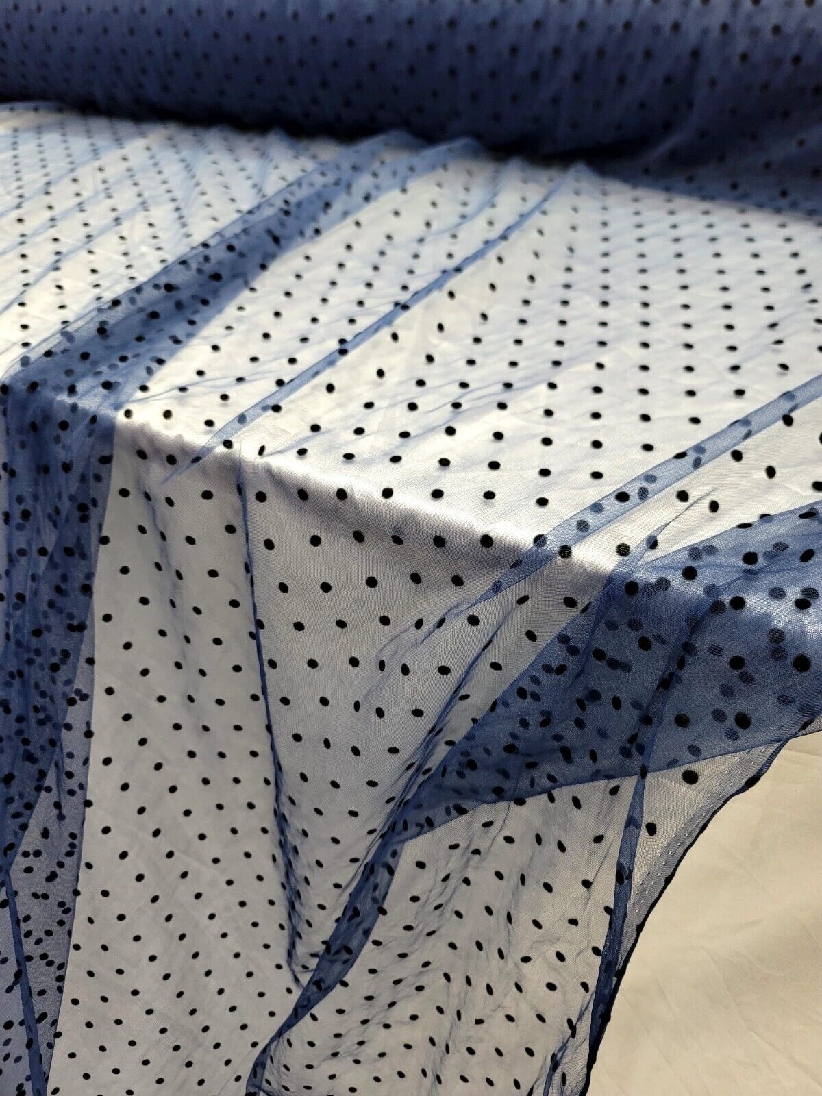 Navy Blue Tulle Mesh Fabric Sold By The Yard Black Velvet Polka-dot For Dress
