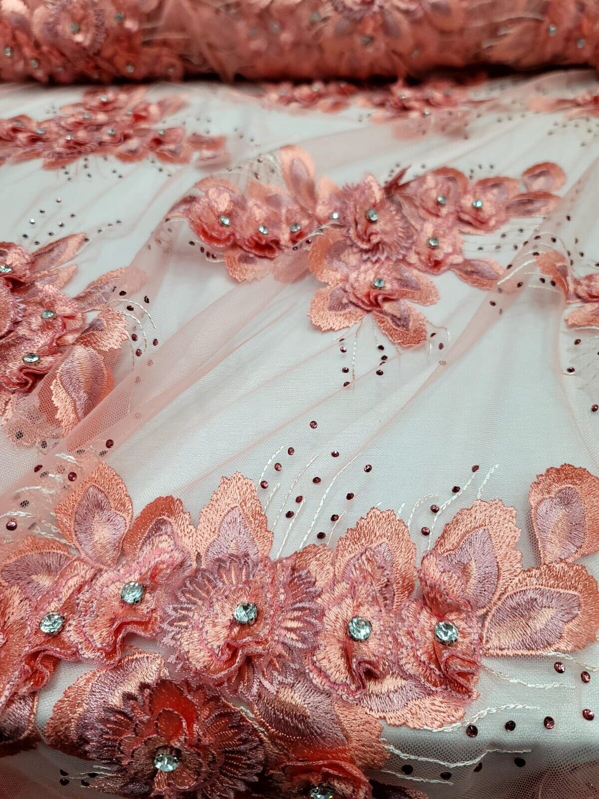 Elegant Coral Hand Beaded Lace Wedding/Bridal 3d Floral Fabric Sold By The Yard
