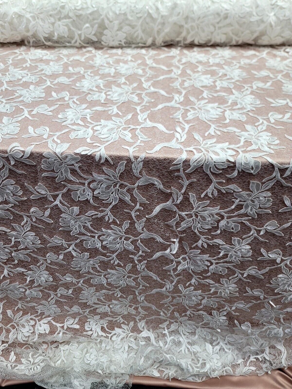 White Embroidery Lace Guipure Floral Flowers Clear Sequin On Mesh Fabric - Sold By The Yard - Clothing Dress Bridal Evening Gown Quinceañera Prom