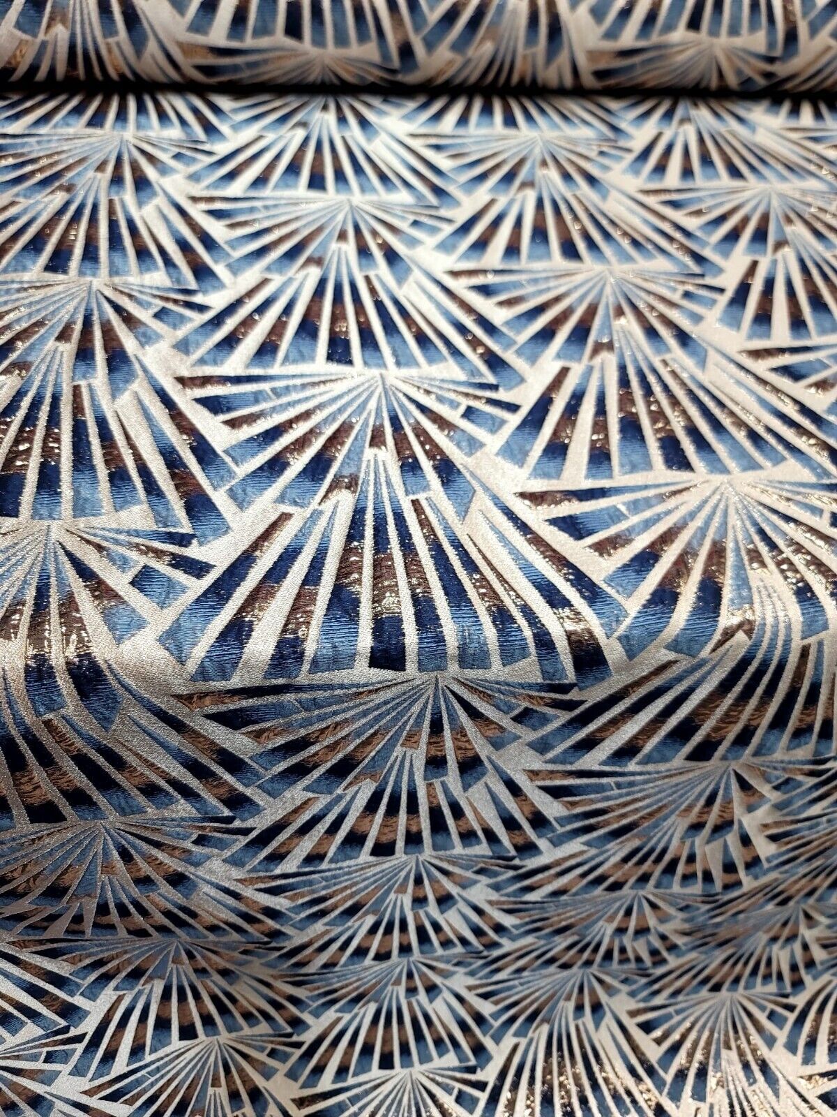 Teal Blue Brocade Fabric with Metallic Gold Geometric Patterns - Sold by Yard - Ideal for Elegant Apparel, Home Decor, and High-End Creations