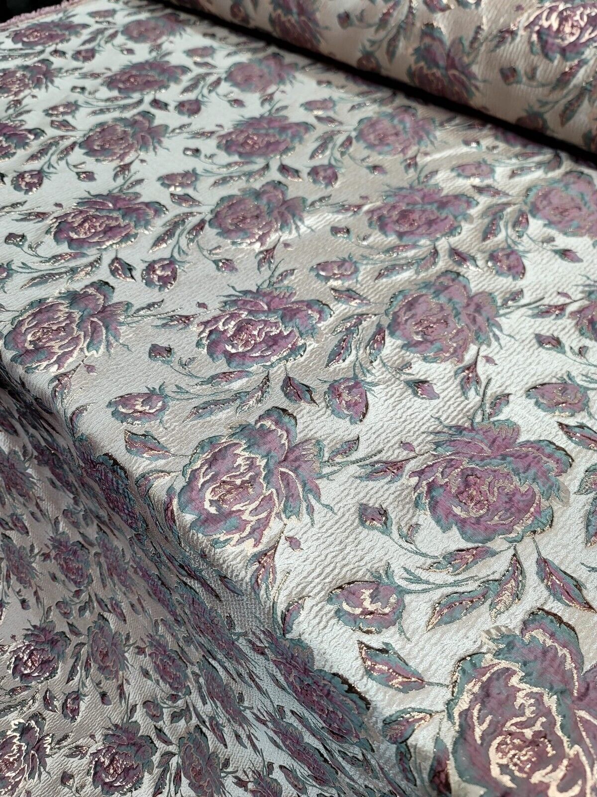 Brocade Mauve Sage Floral Fabric by The Yard Prom Bridal Quinceañera Beige Background.