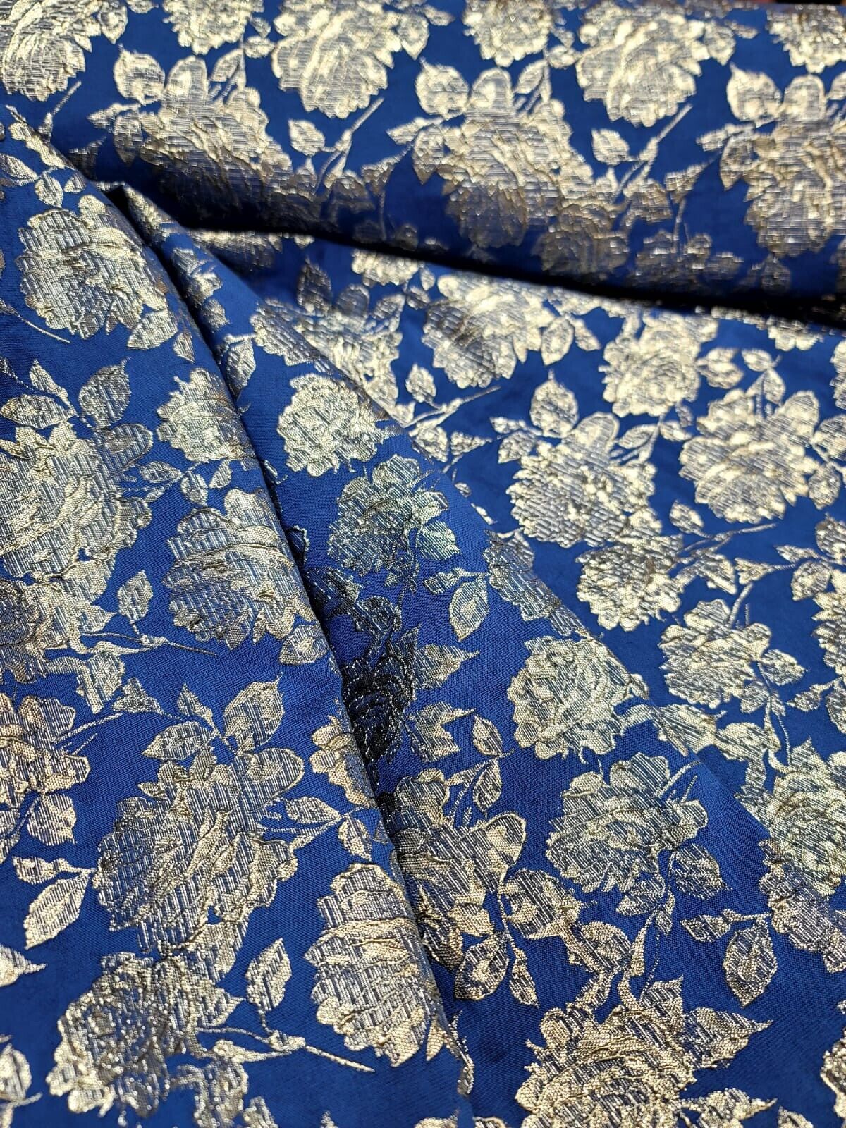 ROYAL BLUE Brocade Fabric (60 in.) Sold By The Yard METALLIC SILVER FLORAL EMBOS