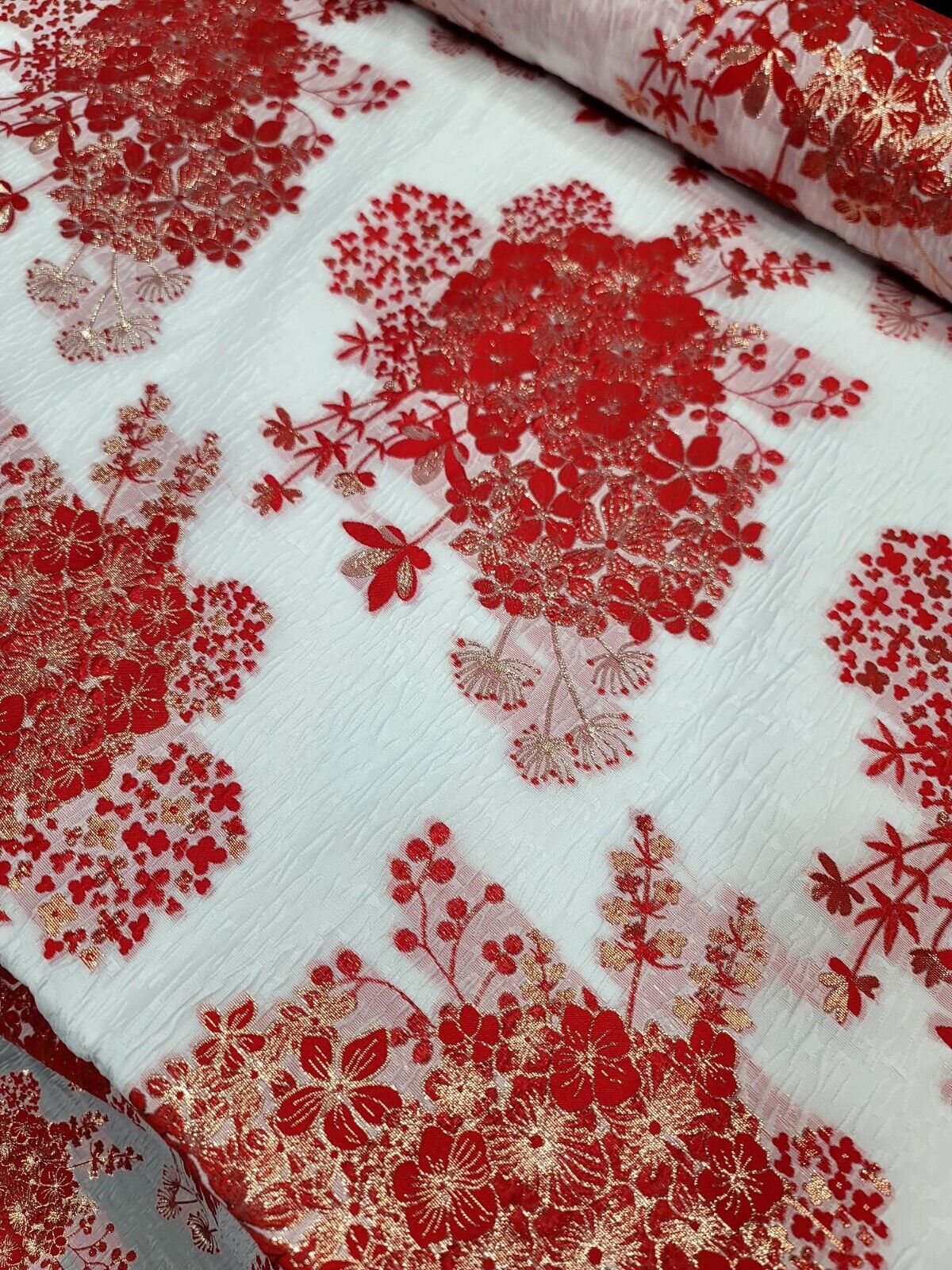 Red Gold Floral Metallic Brocade Fabric Width Sold By The Yard On White Organza