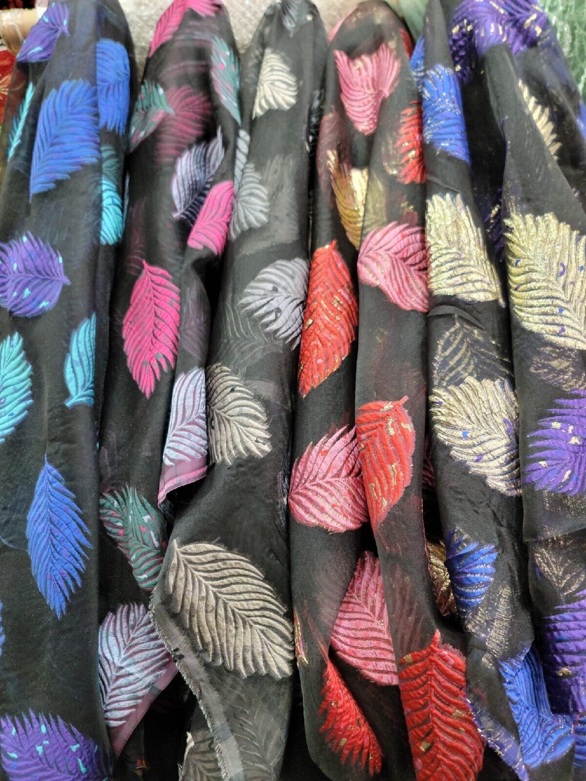 Leaves Purple Aqua Blue On Black Organza Brocade Fabric - Sold by the Yard - 57"