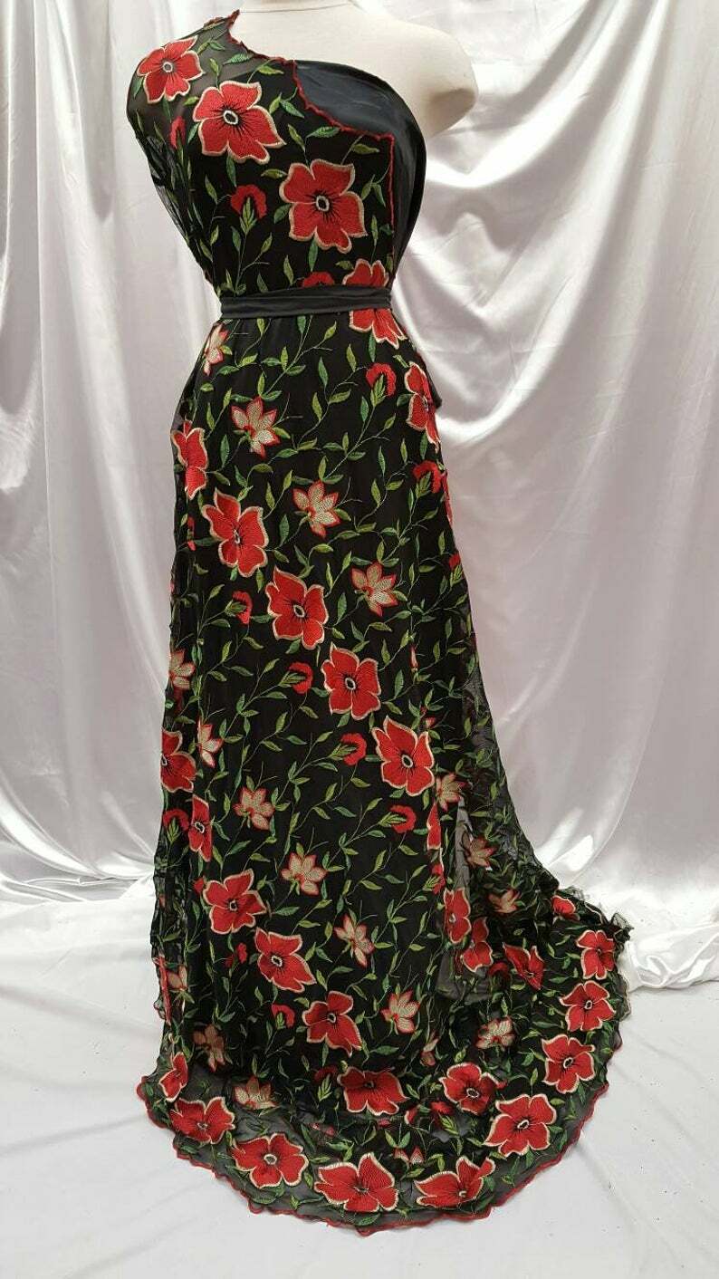 Red Floral Flowers Lace on Black Stretch Mesh Prom Fabric - Sold by the Yard - Ideal for Gowns and Elegant Attire