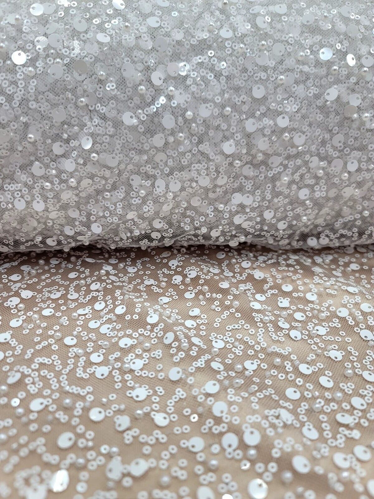 White Beaded Lace Fabric By The Yard - Embroidery Sequin On Stretch Mesh - Wedding