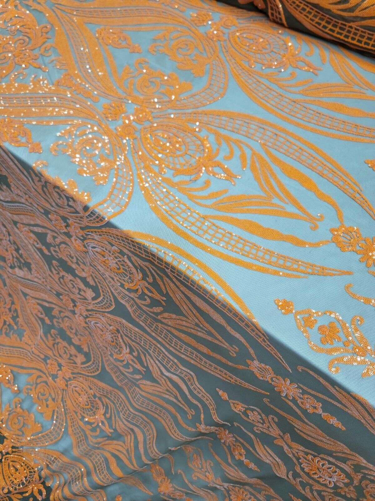 Orange Sequin Embroidered Lace Brown Stretch Mesh Fabric by the Yard For Dress