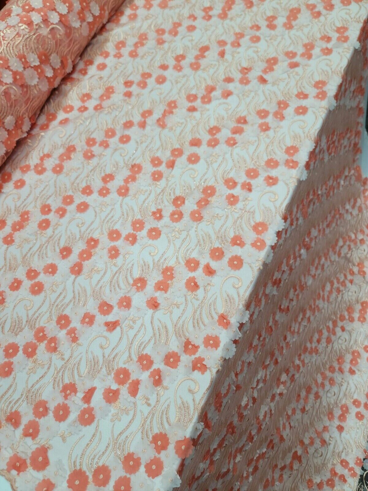 3D Floral Flowers Lace Coral Embroidery Sequin Fabric - Sold by the Yard