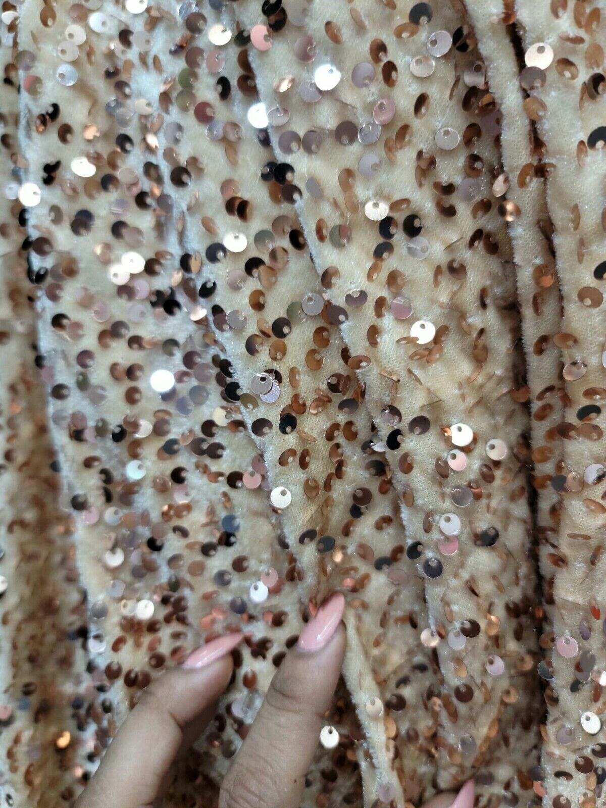 Champagne Beige Stretch Velvet Fabric with Embroidery and Sequins - Sold by the Yard - Ideal for Gowns, Christmas Projects, and More