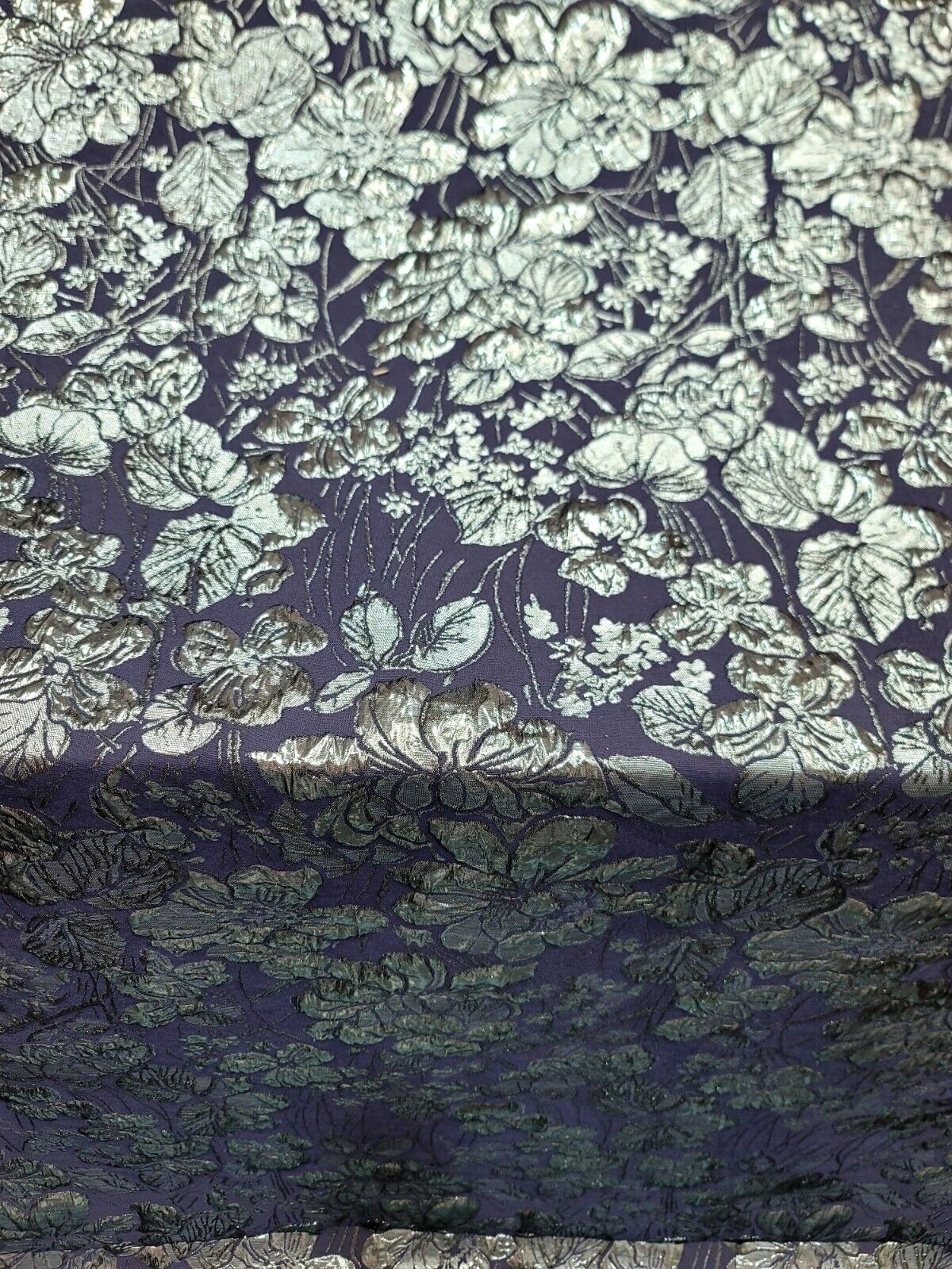 Metallic Blue Floral On Navy Blue Brocade Fabric 60" W Sold By The Yard Dress Pr