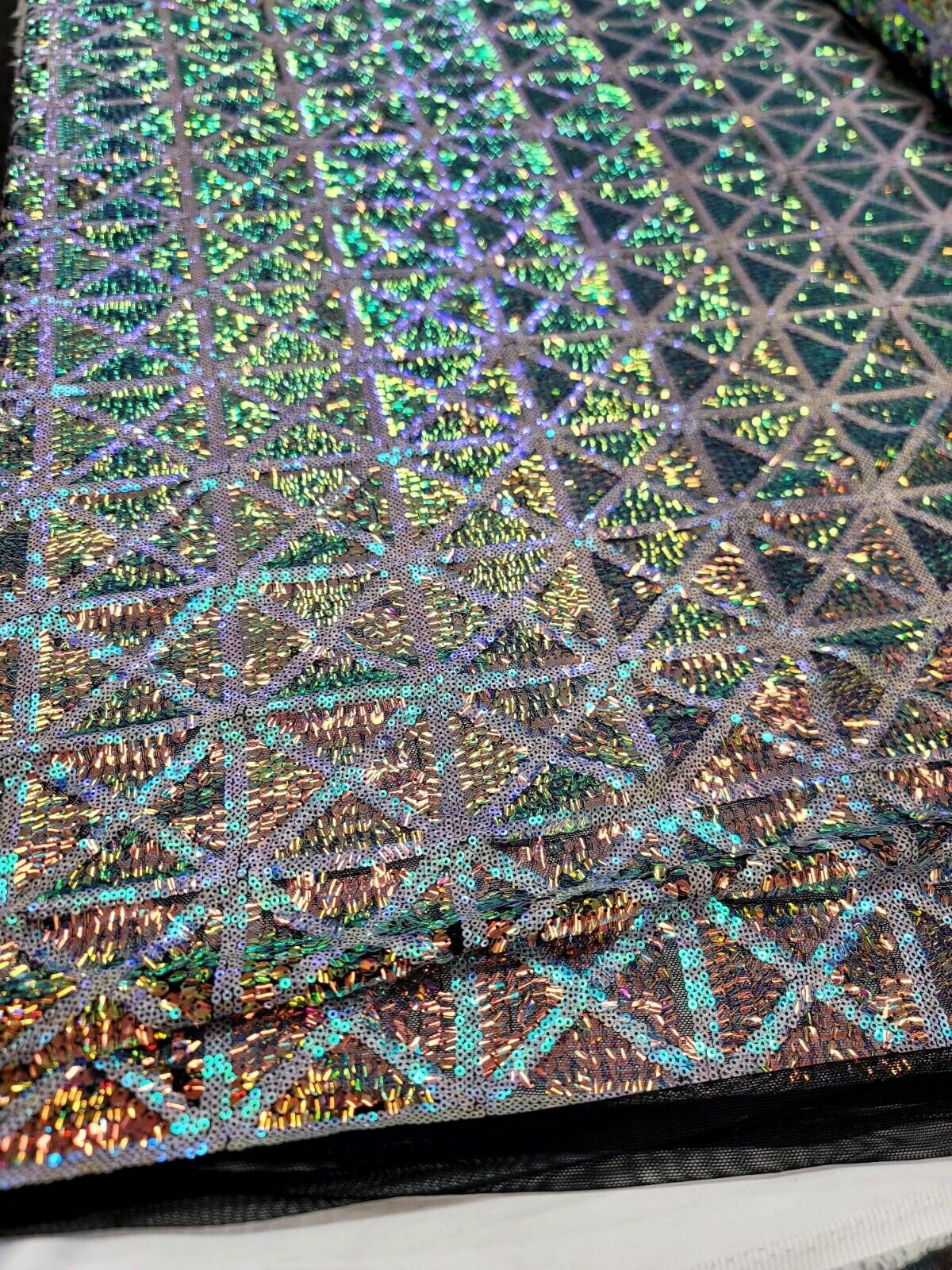Green Blue Iridescent on Black Mesh 4 Way Stretch Sequins Fabric - 50" Width
