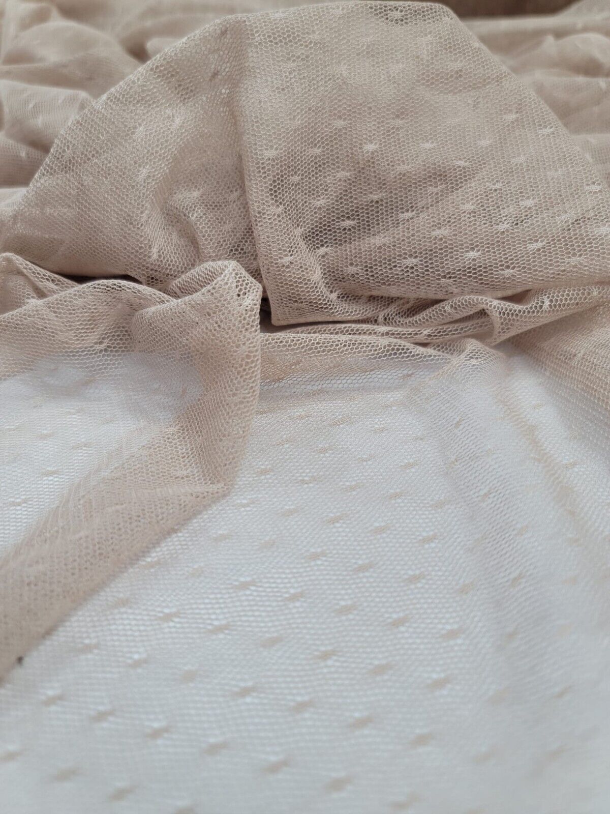 Beige Champagne Embroidered Polka Dots Mesh Prom Fabric - Sold by the Yard for Gown Quinceañera