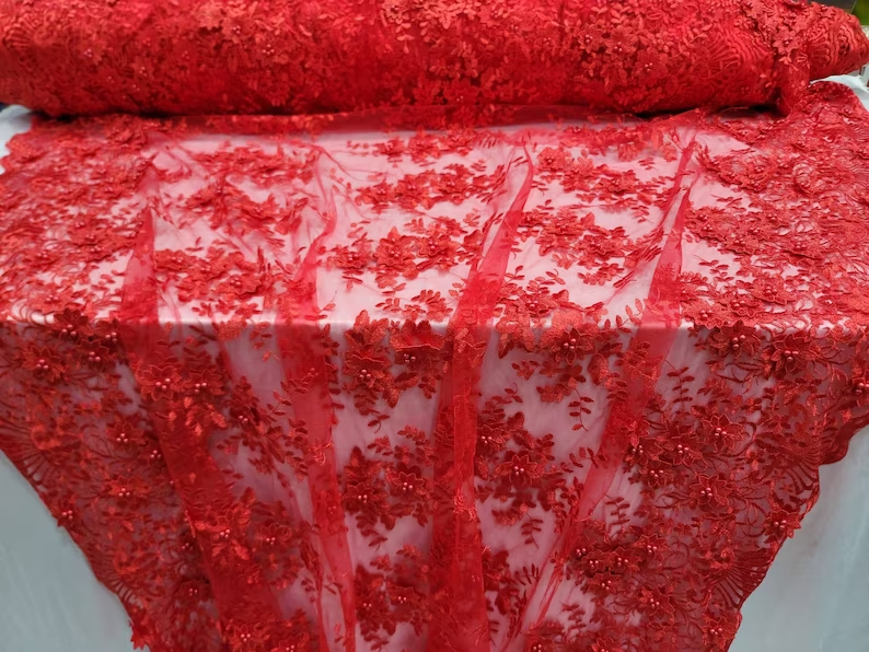 Red 3D Flower Lace Embroidery Lace Fabric - Sold by the Yard