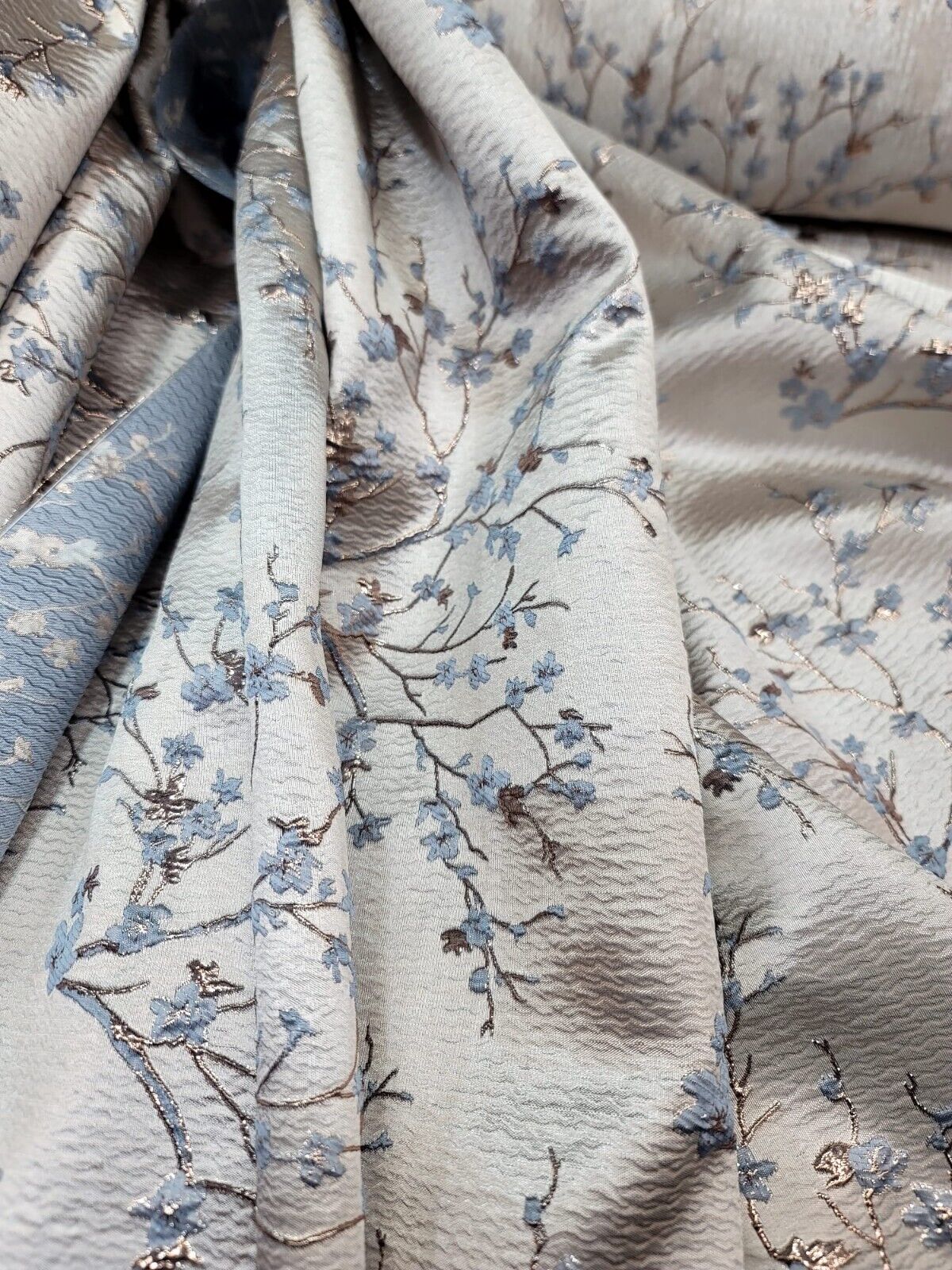 BABY BLUE GOLD Floral Brocade Fabric (60 in.) Sold By The Yard Small Flowers