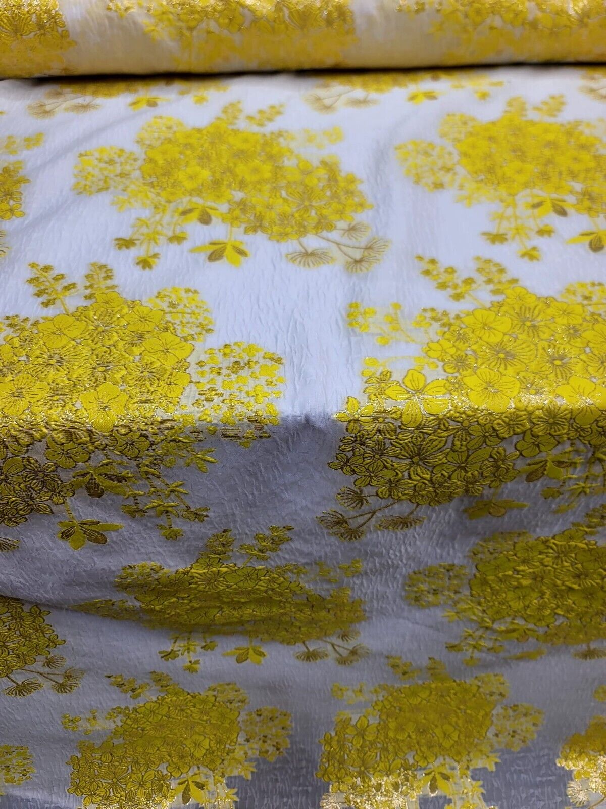 Yellow Floral Brocade Fabric on White Organza - Sold by Yard - Perfect for Prom Dresses, Gowns, and Elegant Creations