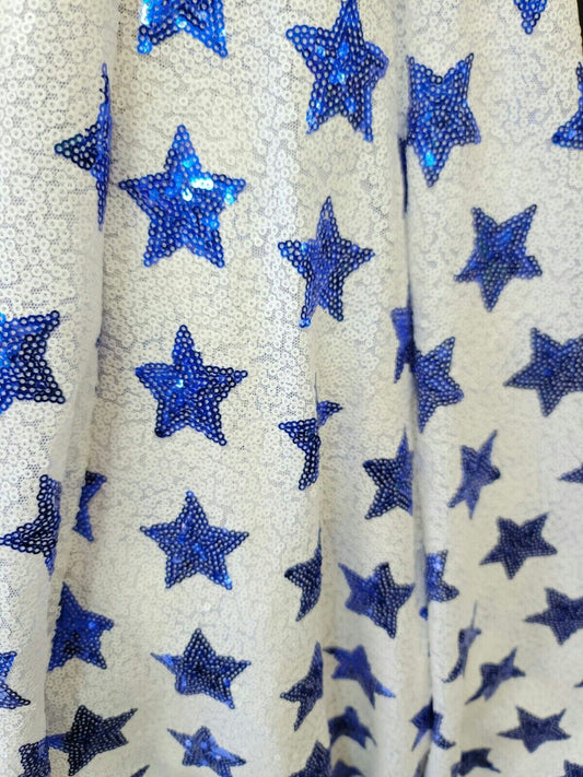 Royal Blue Sequin Stars White Sequin Four Way Stretch Fabric - Sold by the Yard