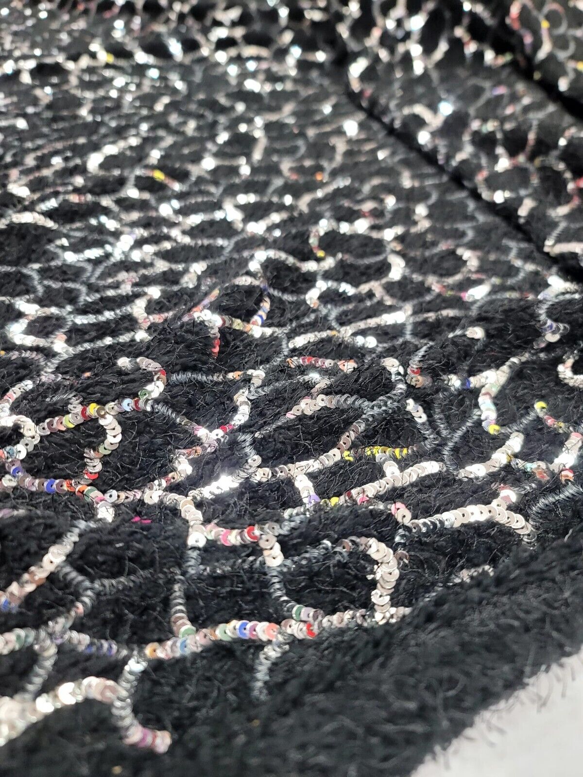 Shaggy Faux Fur Black Silver Sequin Design Stretch Fabric - Sold By The Yard