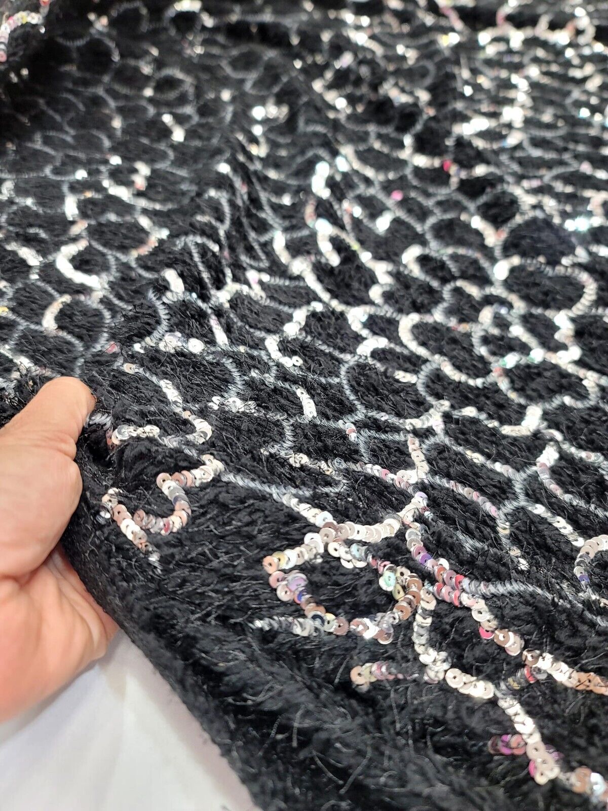 Shaggy Faux Fur Black Silver Sequin Design Stretch Fabric - Sold By The Yard