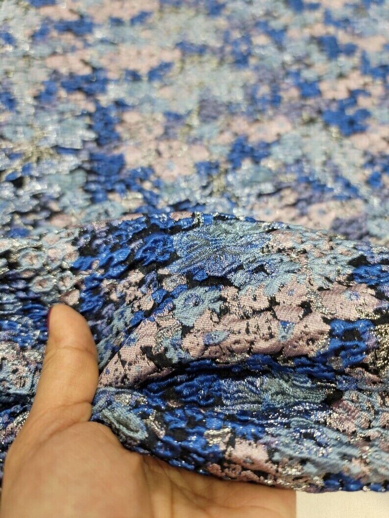 Royal Blue Brocade Floral Flowers Textured Jacquard Fashion Fabric Sold By The Yard