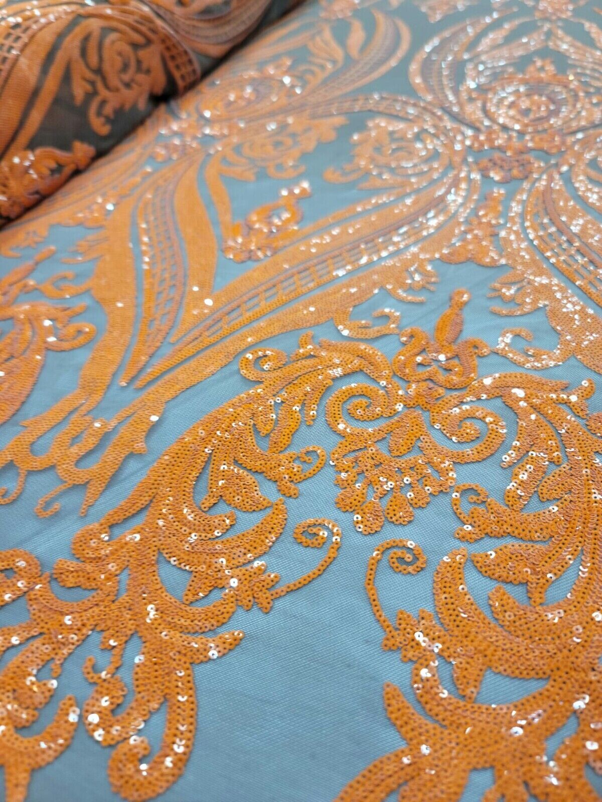 Orange Sequin Embroidered Lace Brown Stretch Mesh Fabric by the Yard For Dress