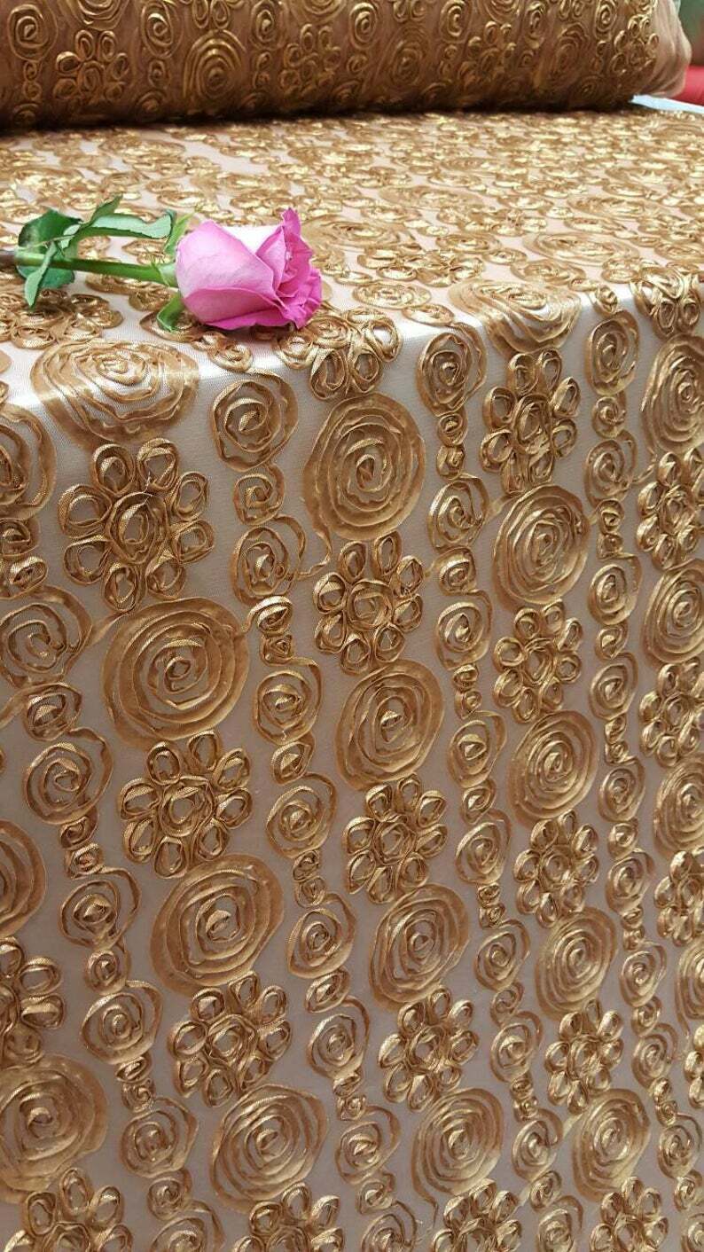 Copper Embroidered Lace with Floral Flowers and Ribbon on Mesh Fabric - Sold by the Yard