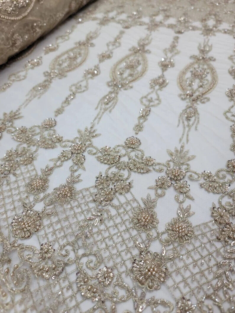 Champagne Beaded Lace Embroidery Floral Fabric - Sold by the Yard - Perfect for Prom Gowns and Quinceañera Attire
