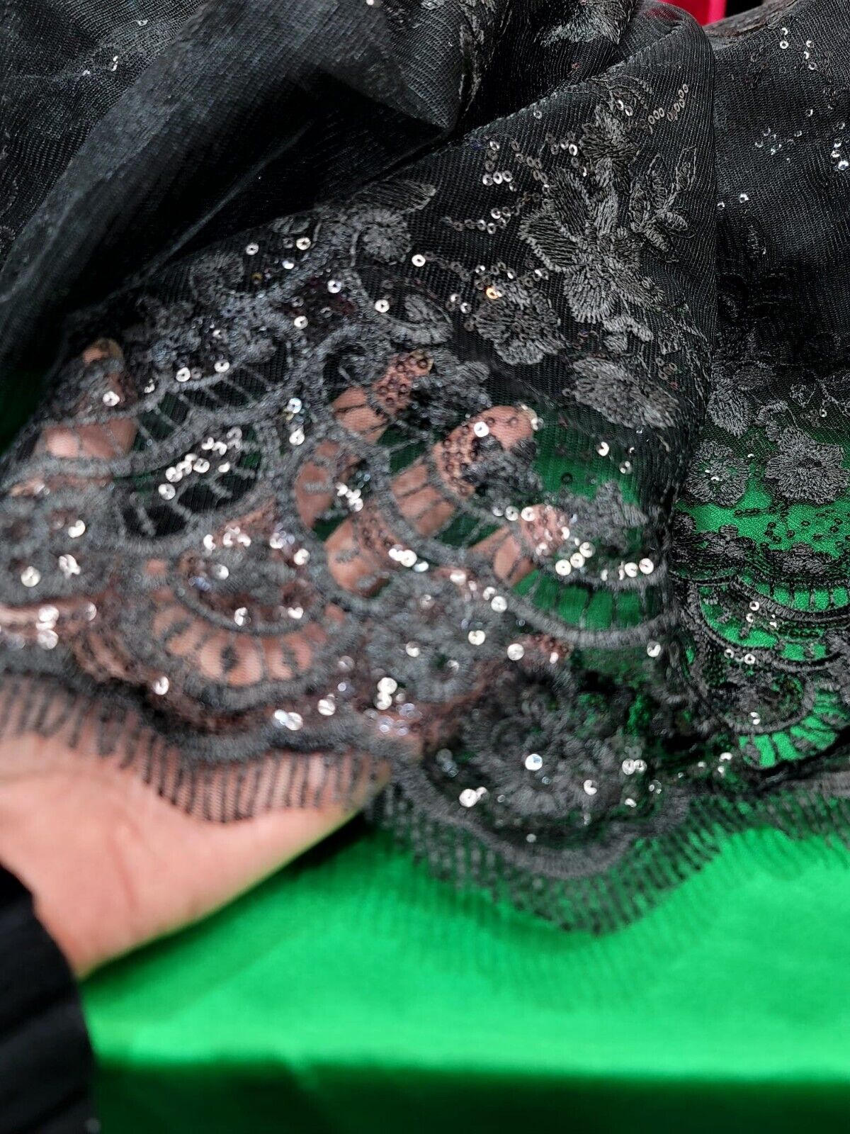Black Lace Fabric Embroidery Sequins Scalloped Fabric Sold By The Yard Quinceañe