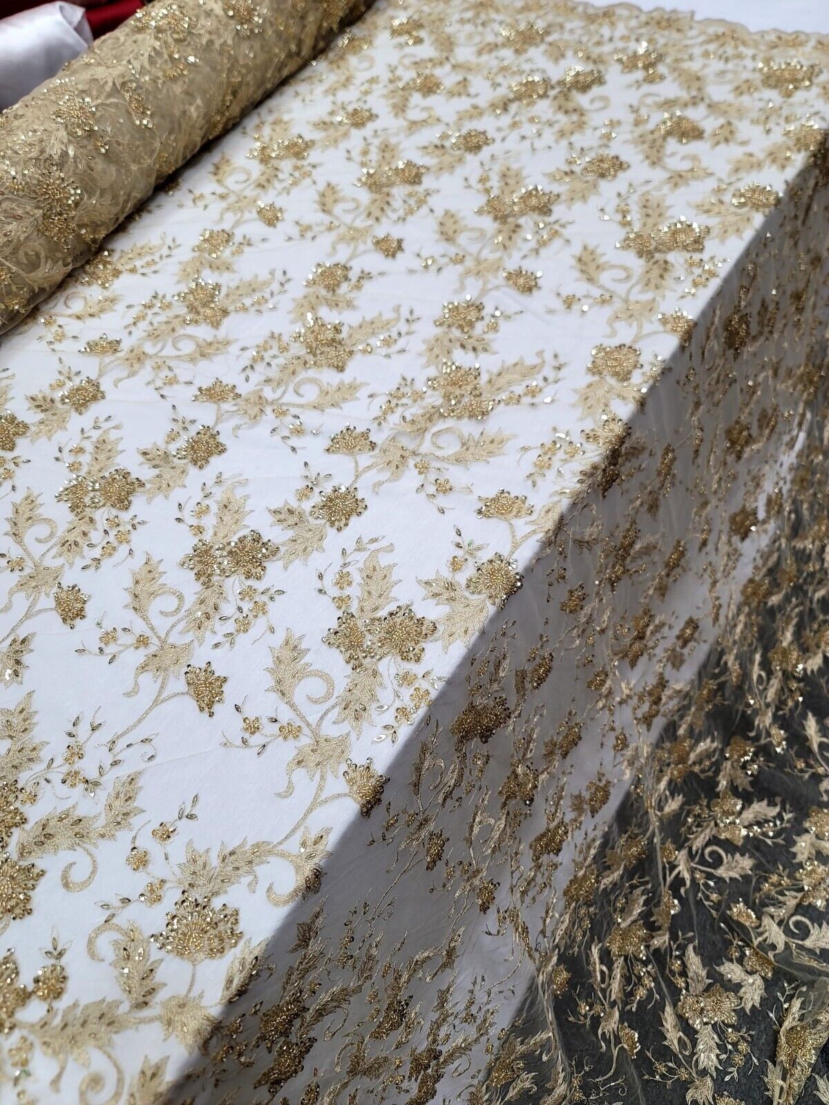 Gold Beaded Sequins Embroidery Bridal Lace Fabric Sold By The Yard Floral Lace