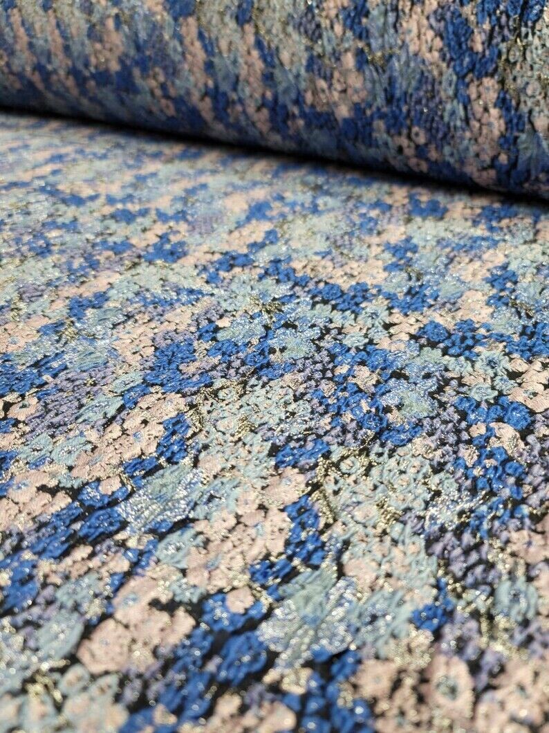 Royal Blue Brocade Floral Flowers Textured Jacquard Fashion Fabric Sold By The Yard