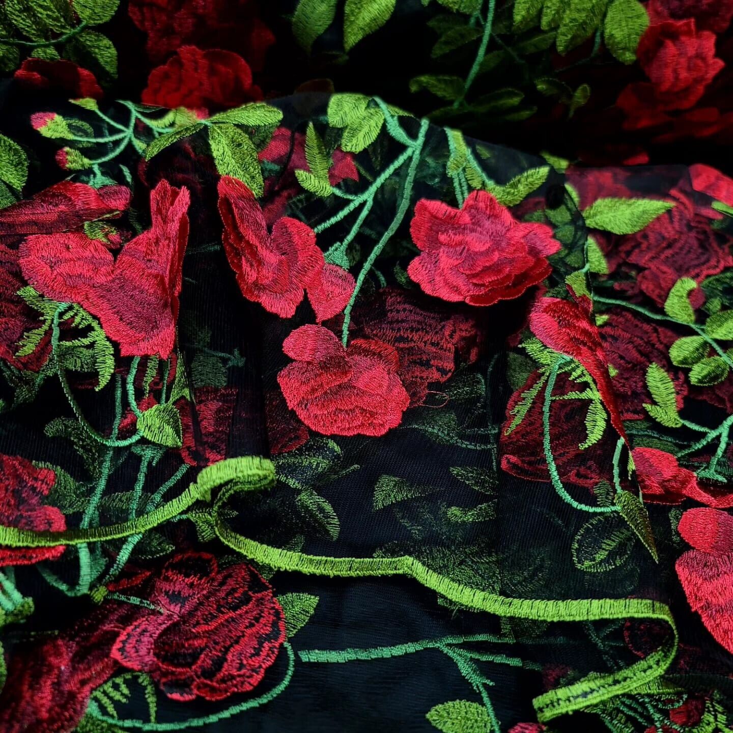 Black Lace Fabric with Red and Green Flower Embroidery - Stunning Floral Design on Elegant Black Mesh - Sold by the Yard